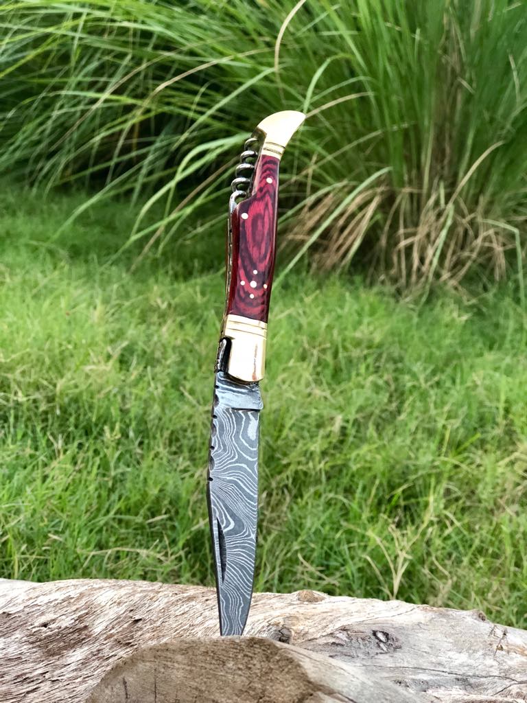 New Custom Handmade Damascus Steel Steak Blade Pocket Knife With Corkscrew Wine Opener - Image 3