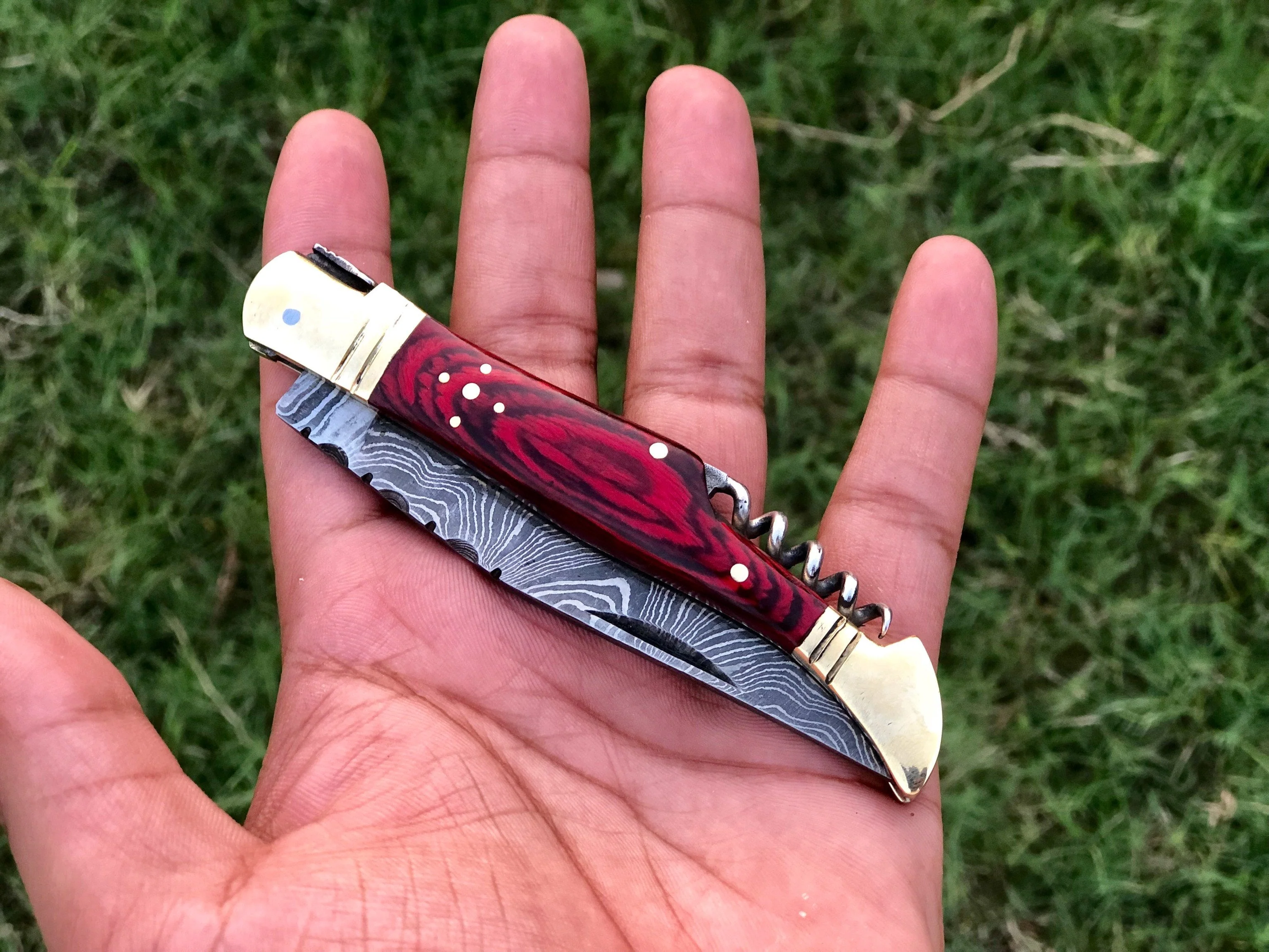 New Custom Handmade Damascus Steel Steak Blade Pocket Knife With Corkscrew Wine Opener - Image 5