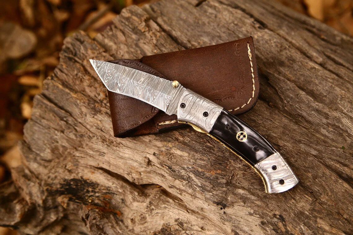 New Custom Handmade Damascus Steel Tanto Blade EDC Folding Pocket Knife | 3-Inch Blade, Buffalo Horn Handle, Leather Case | Perfect Gift by KBS Knives - Image 2