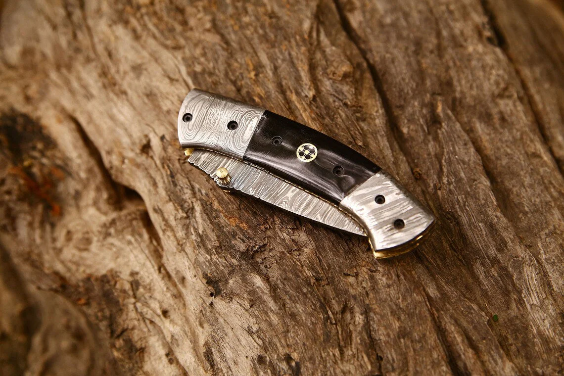 New Custom Handmade Damascus Steel Tanto Blade EDC Folding Pocket Knife | 3-Inch Blade, Buffalo Horn Handle, Leather Case | Perfect Gift by KBS Knives - Image 3