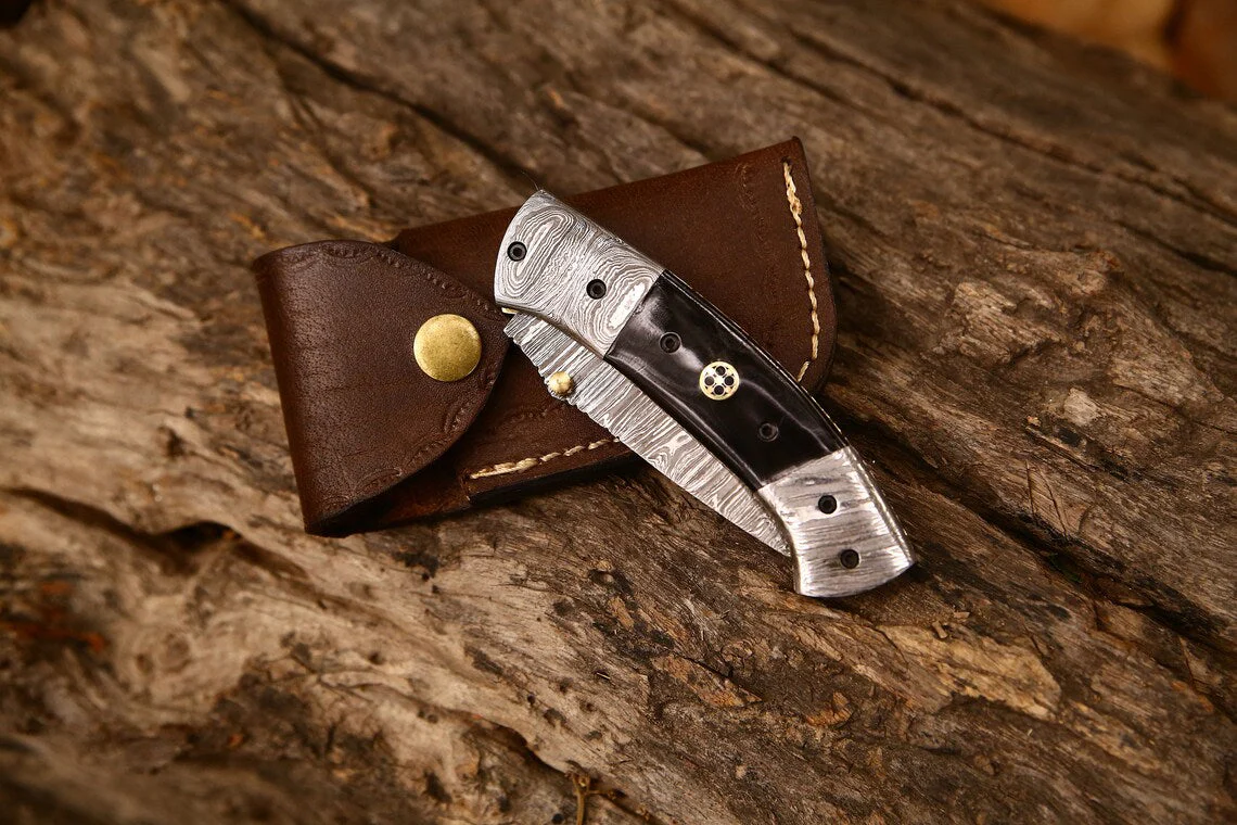 New Custom Handmade Damascus Steel Tanto Blade EDC Folding Pocket Knife | 3-Inch Blade, Buffalo Horn Handle, Leather Case | Perfect Gift by KBS Knives - Image 4