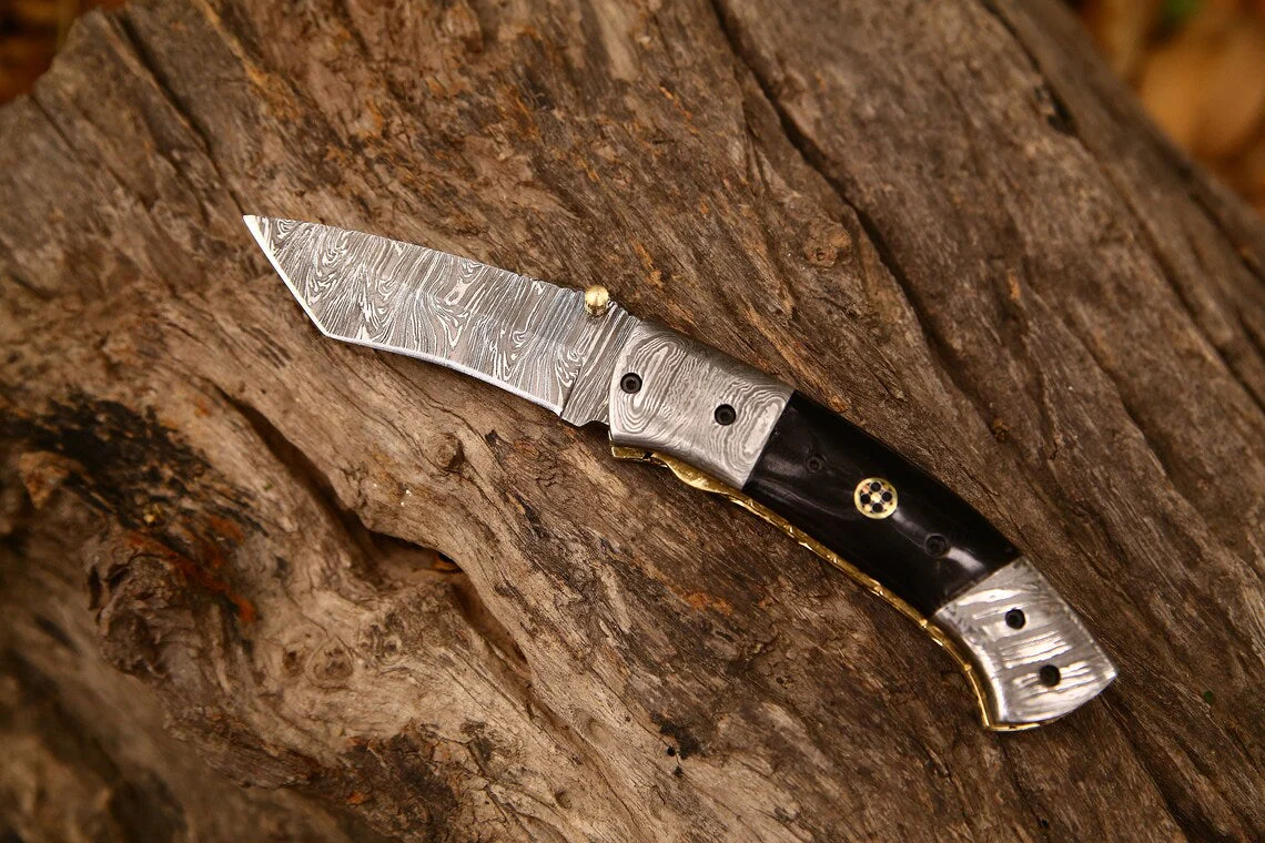 New Custom Handmade Damascus Steel Tanto Blade EDC Folding Pocket Knife | 3-Inch Blade, Buffalo Horn Handle, Leather Case | Perfect Gift by KBS Knives - Image 5