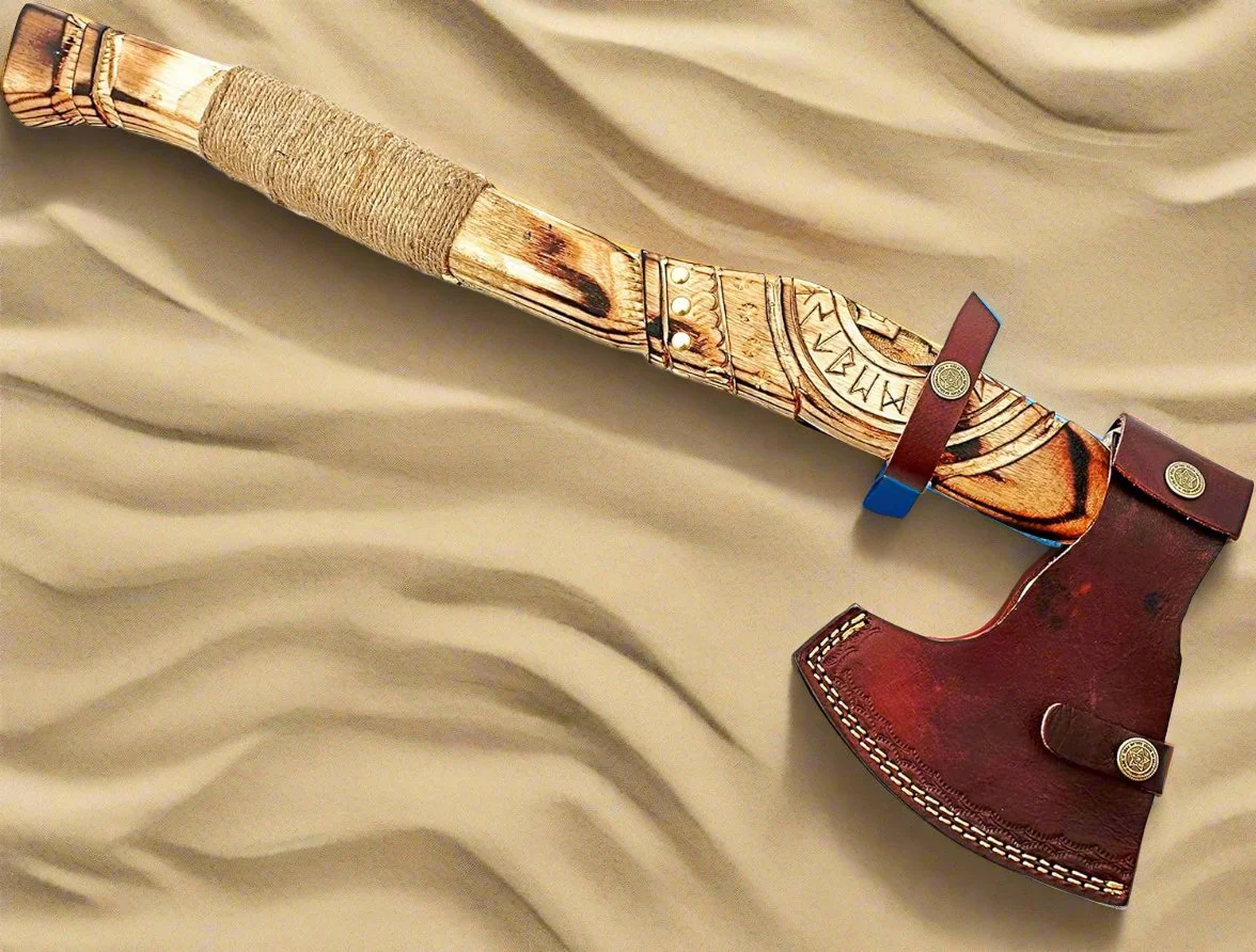 Norse Axe with Custom Handmade Forged 1095 Steel Blade and Hand Engraved Ash Wood Handle – Odin’s Edge - Image 2