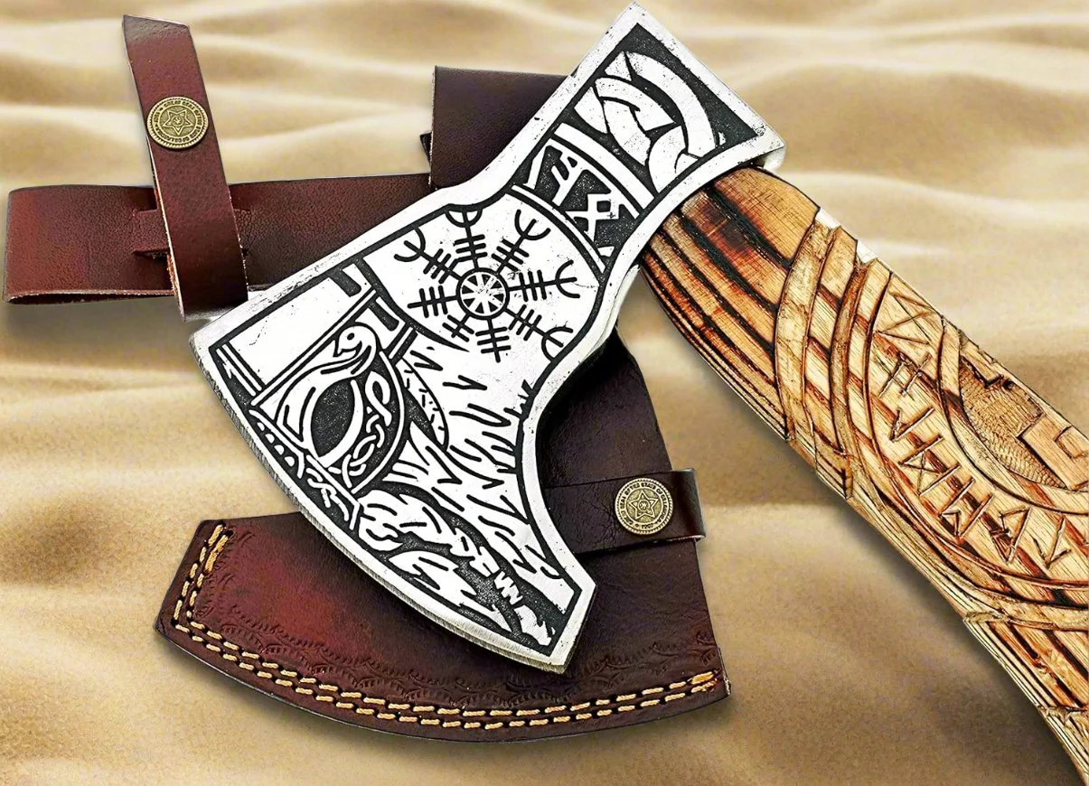 Norse Axe with Custom Handmade Forged 1095 Steel Blade and Hand Engraved Ash Wood Handle – Odin’s Edge - Image 3