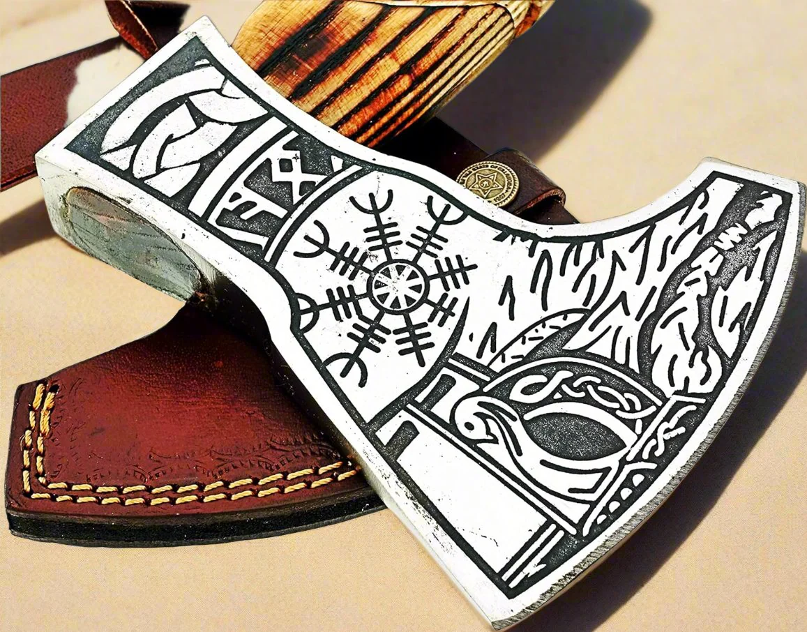 Norse Axe with Custom Handmade Forged 1095 Steel Blade and Hand Engraved Ash Wood Handle – Odin’s Edge - Image 5