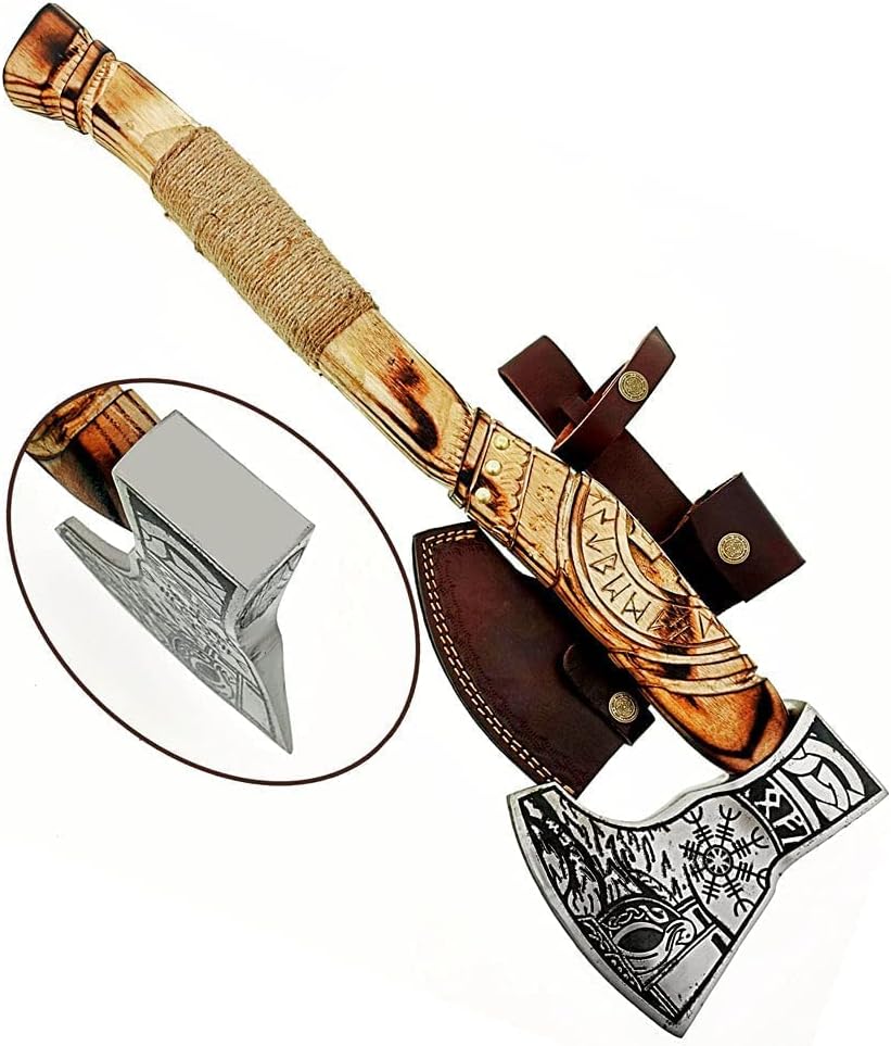 Norse Axe with Custom Handmade Forged 1095 Steel Blade and Hand Engraved Ash Wood Handle – Odin’s Edge - Image 7