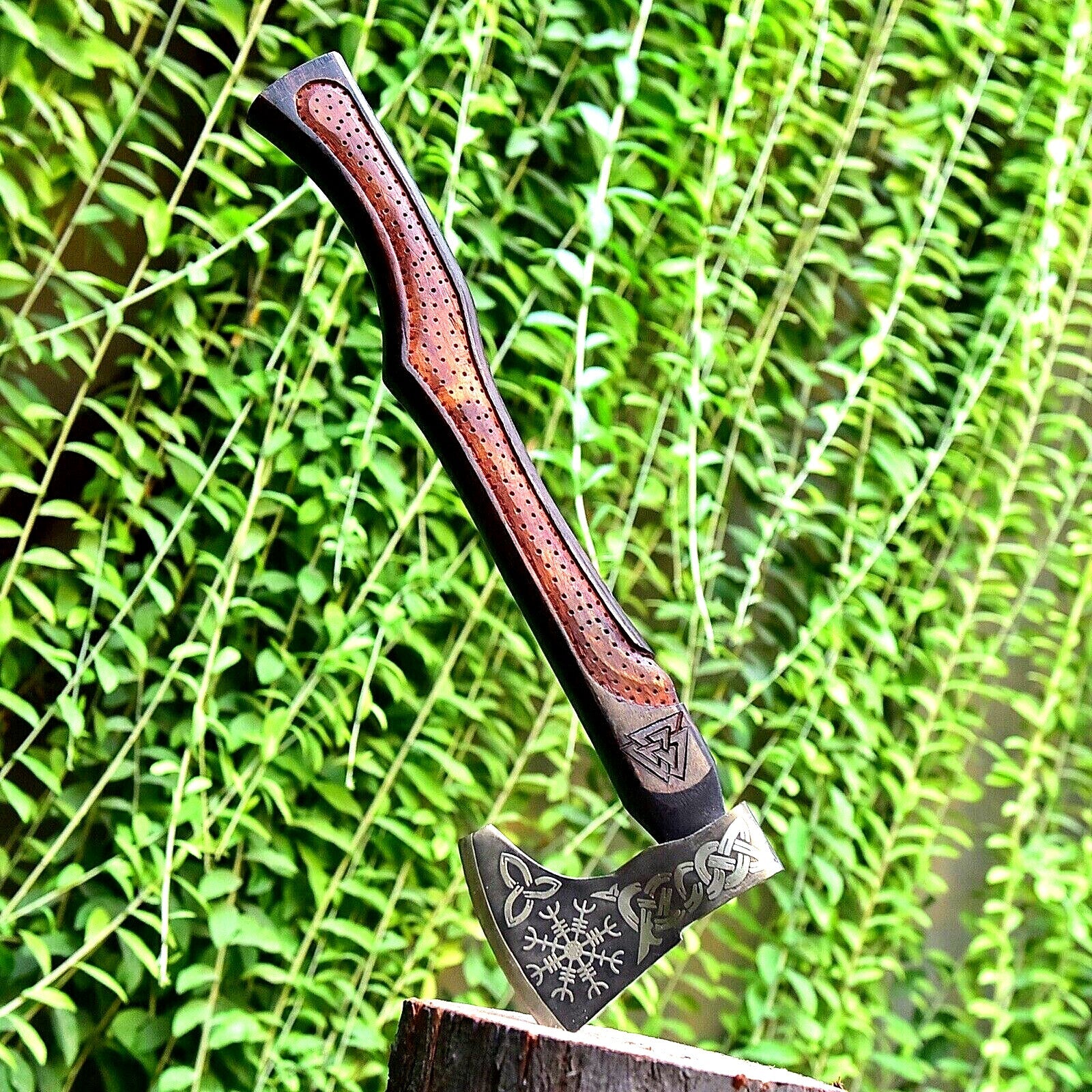 Norse Axe with Custom Handmade Forged Engraved 1095 Steel Blade and Hand Engraved Rosewood Handle – Valhalla Edge - Image 2