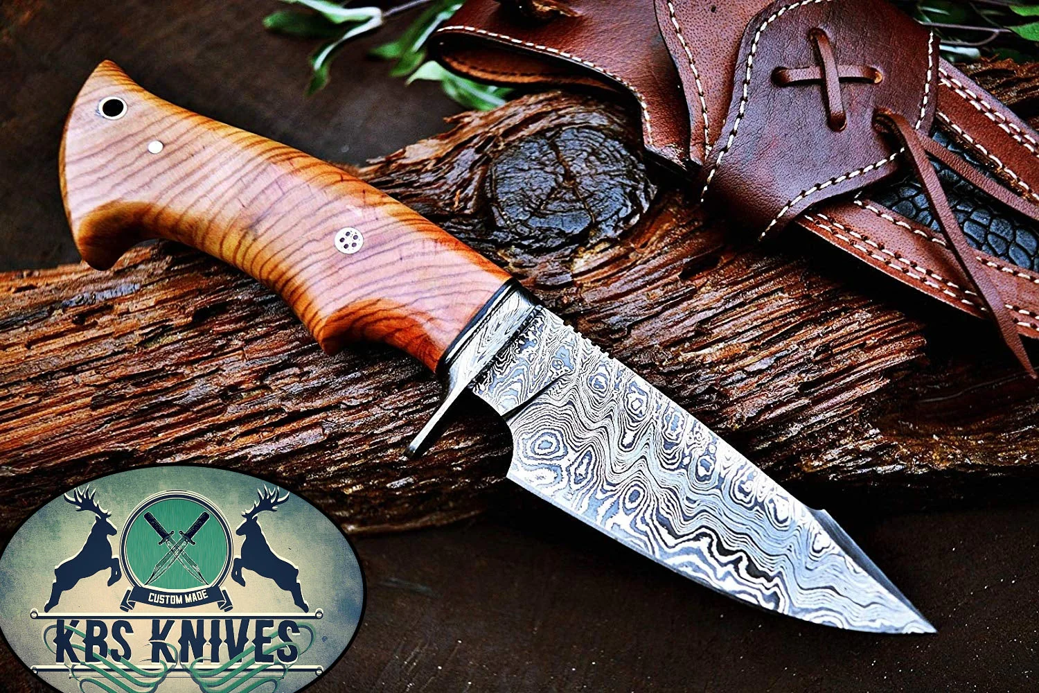 Olive Wood Handle Damascus Hunting Knife - Image 2