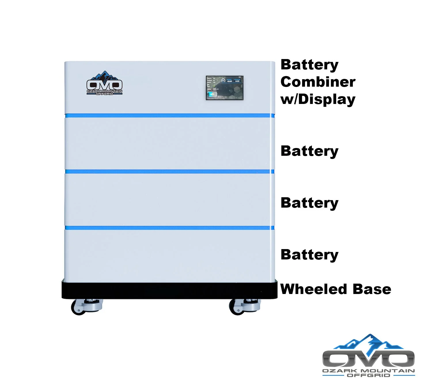 OMO Stackable 51.2V 15.36KW Heated LifePO4 Lithium Battery System - 3x 5.12KW Batteries + LCD Display Combiner + Wheeled Base - Image 2