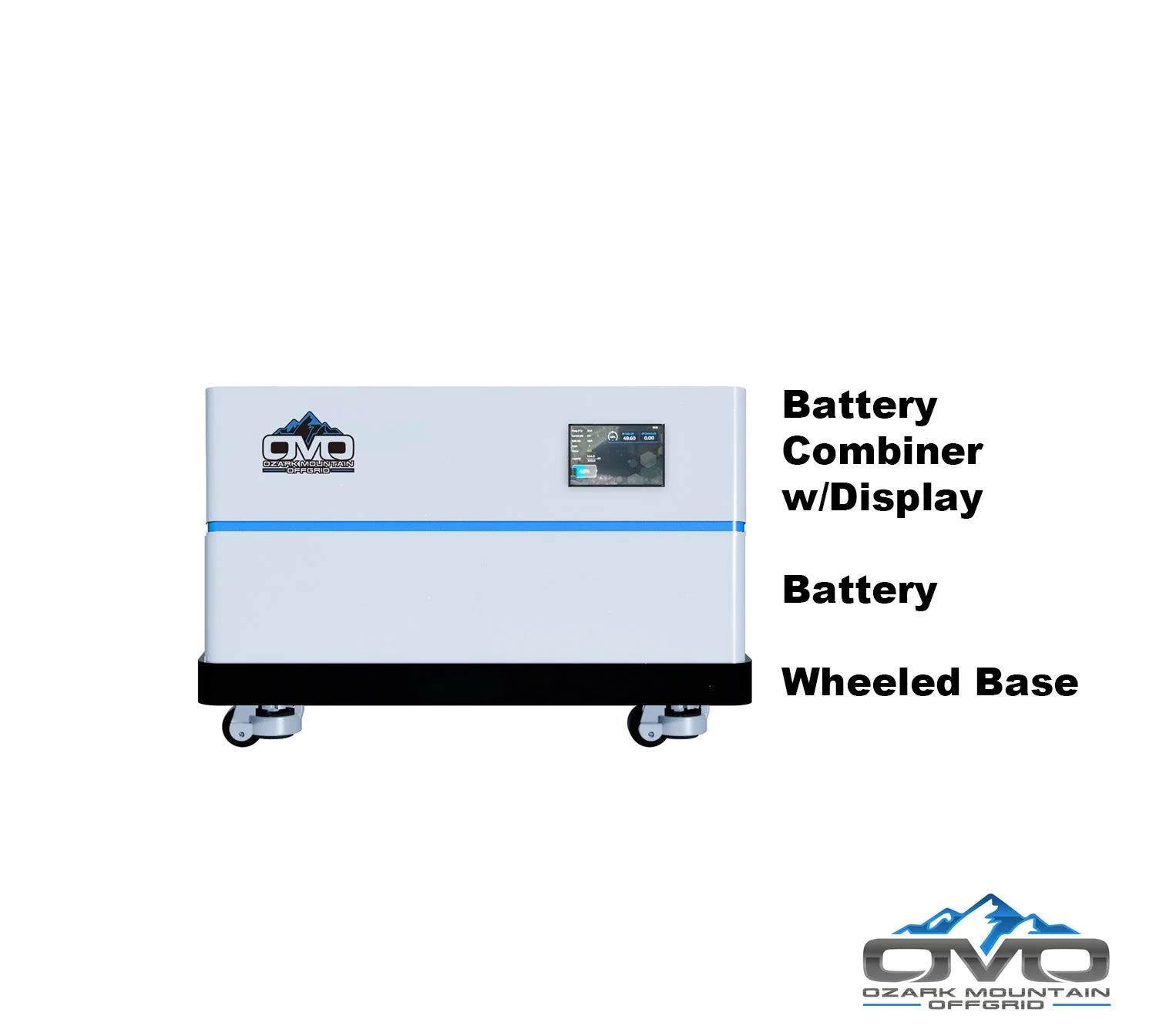 OMO Stackable 51.2V 5.12KW Heated LifePO4 Lithium Battery System - 1x 5.12KW Batteries + LCD Display Combiner + Wheeled Base - Image 2