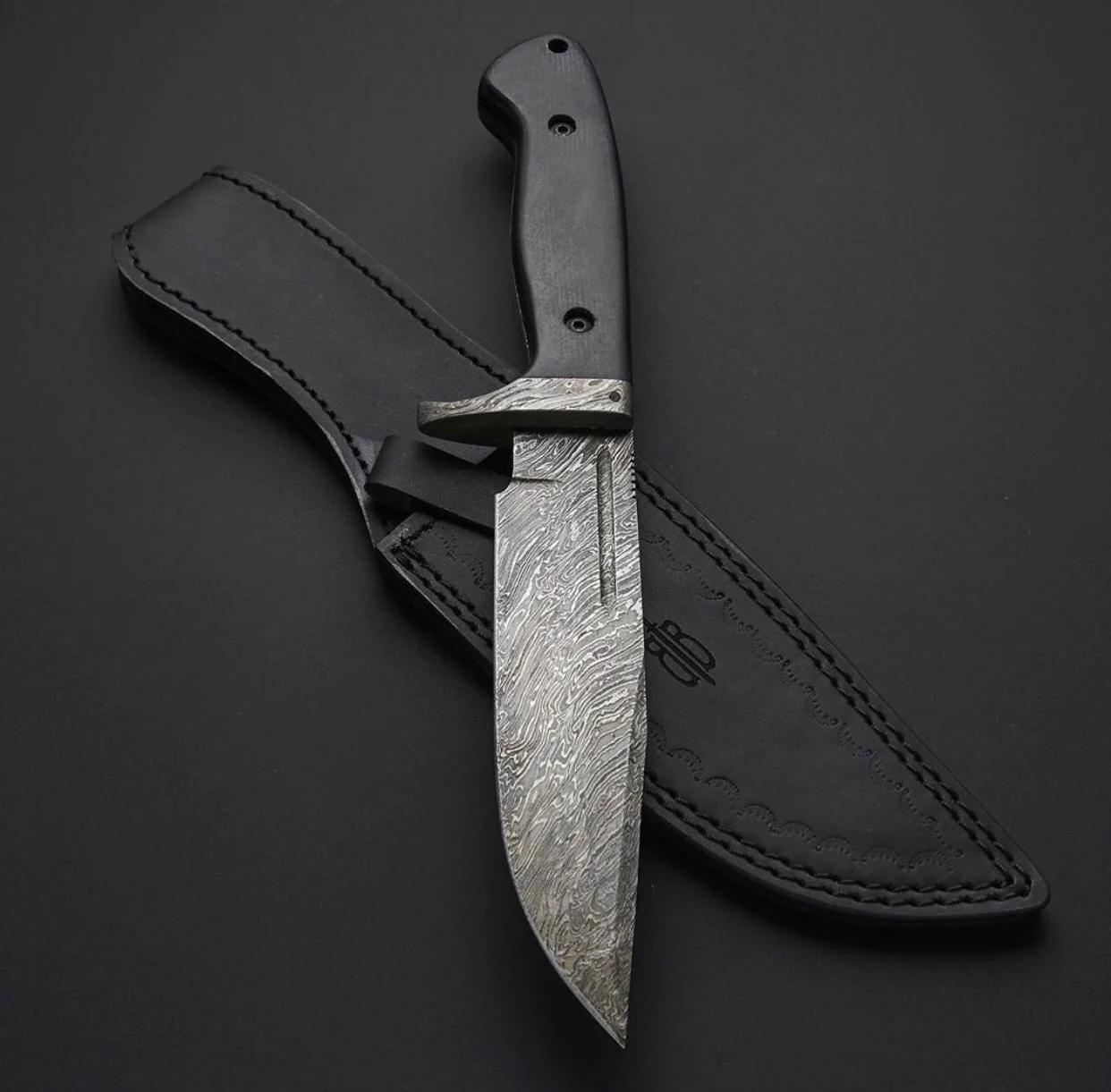 Original Bowie Knife with Leather Sheath for Sale – Custom Handmade Full Tang Damascus Steel Blade, Micarta G10 Handle & Damascus Guard | 11.5-Inch Hunting Knife with Blood Groove – KBS Knives - Image 3