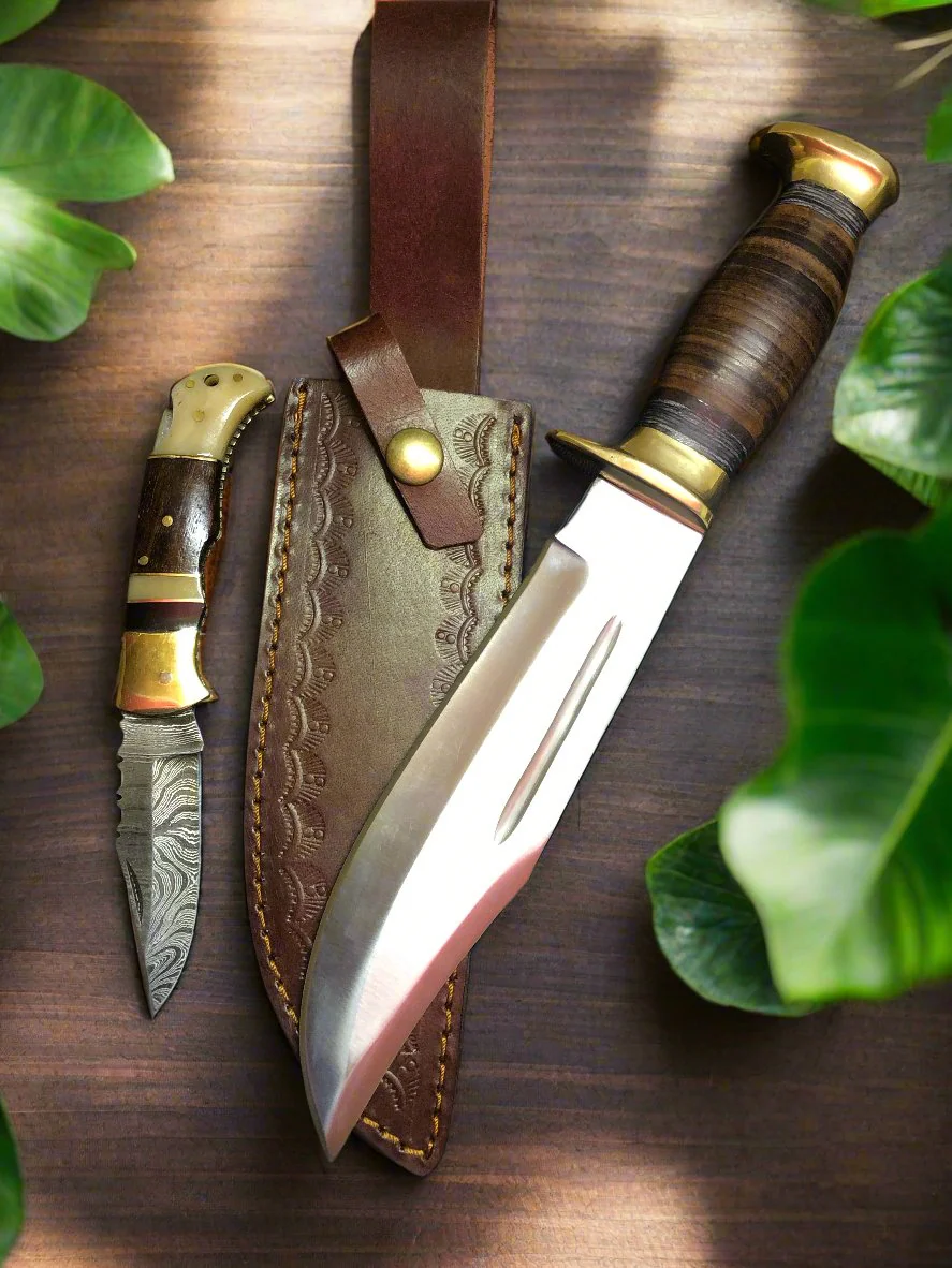 Outback Dual Edge Set – 16" D2 Forged Steel Bowie Knife & Damascus Folding Pocket Knife with Leather Sheath - Image 2