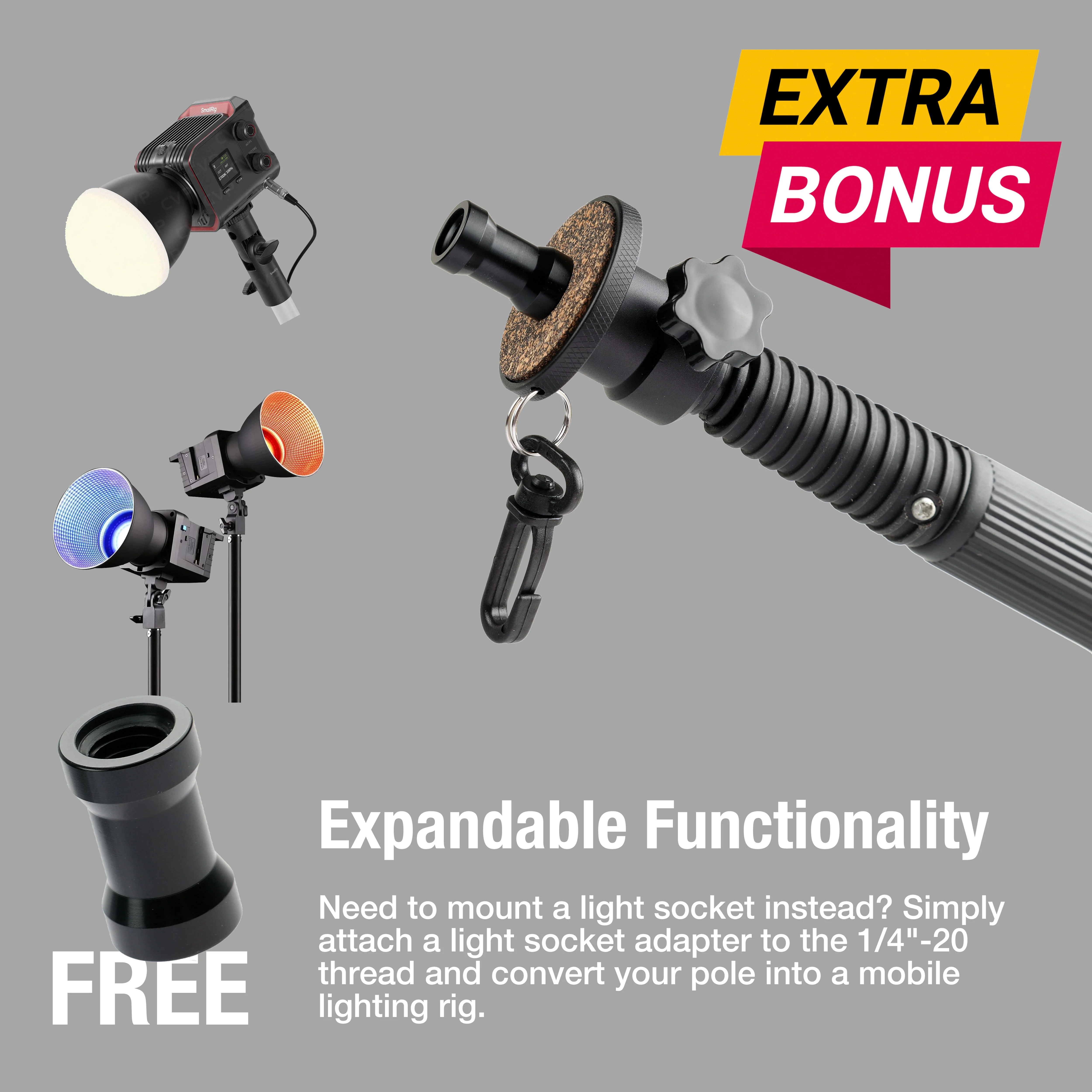 Painter Pole to 1/4"-20 Tripod Mount Adapter with Carabiner – Camera Extension Pole Adapter for Pocket 3, Smartphone Clamp, Action Cameras – High Angle Photo & Video Shooting Tool - Image 4