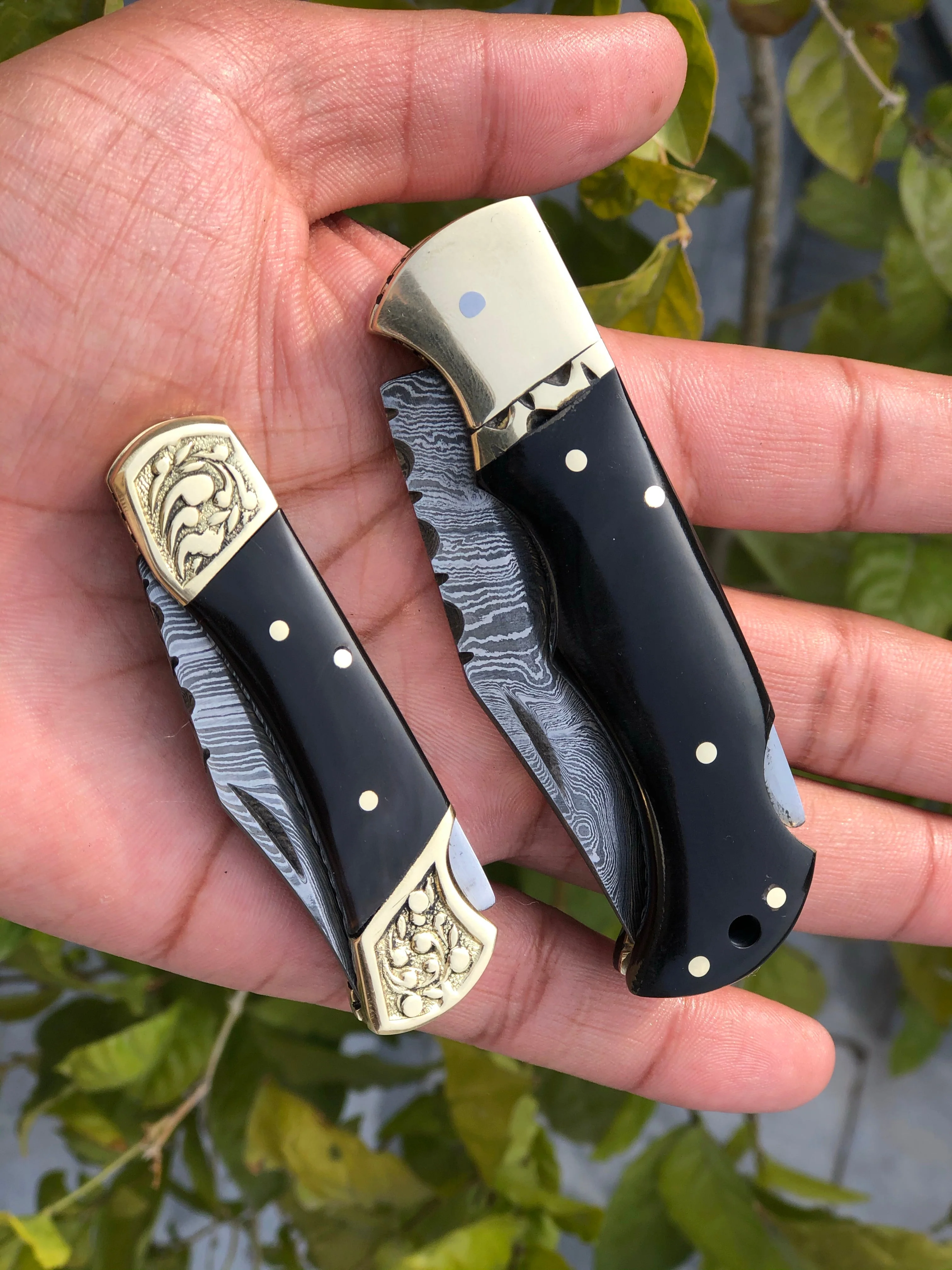 Pair of Custom Handmade Damascus Steel EDC Folding Pocket Knives with Leather Case by KBS Knives Store. - Image 2