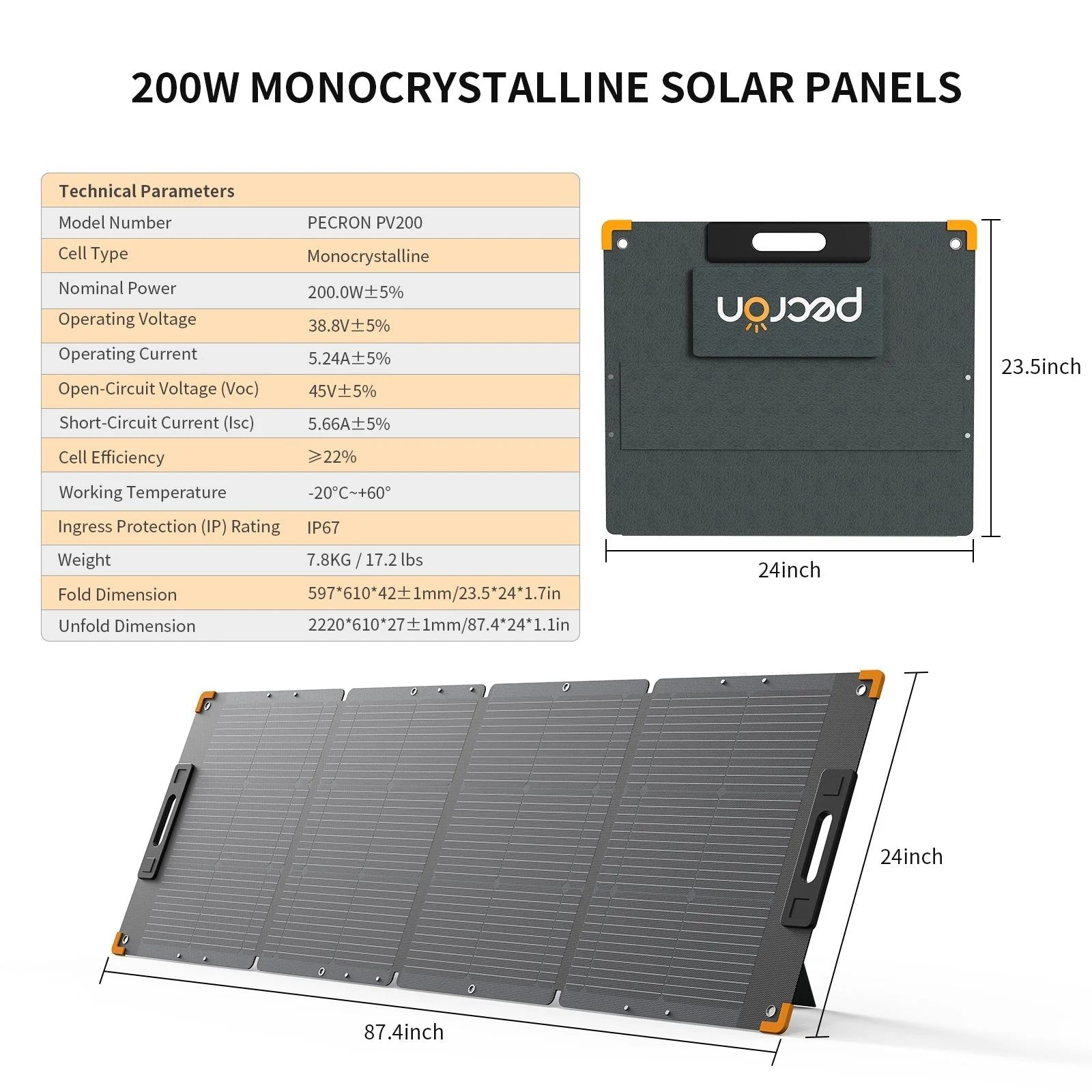 PECRON PV200 200W Portable Solar Panel Waterproof IP67 - Image 2