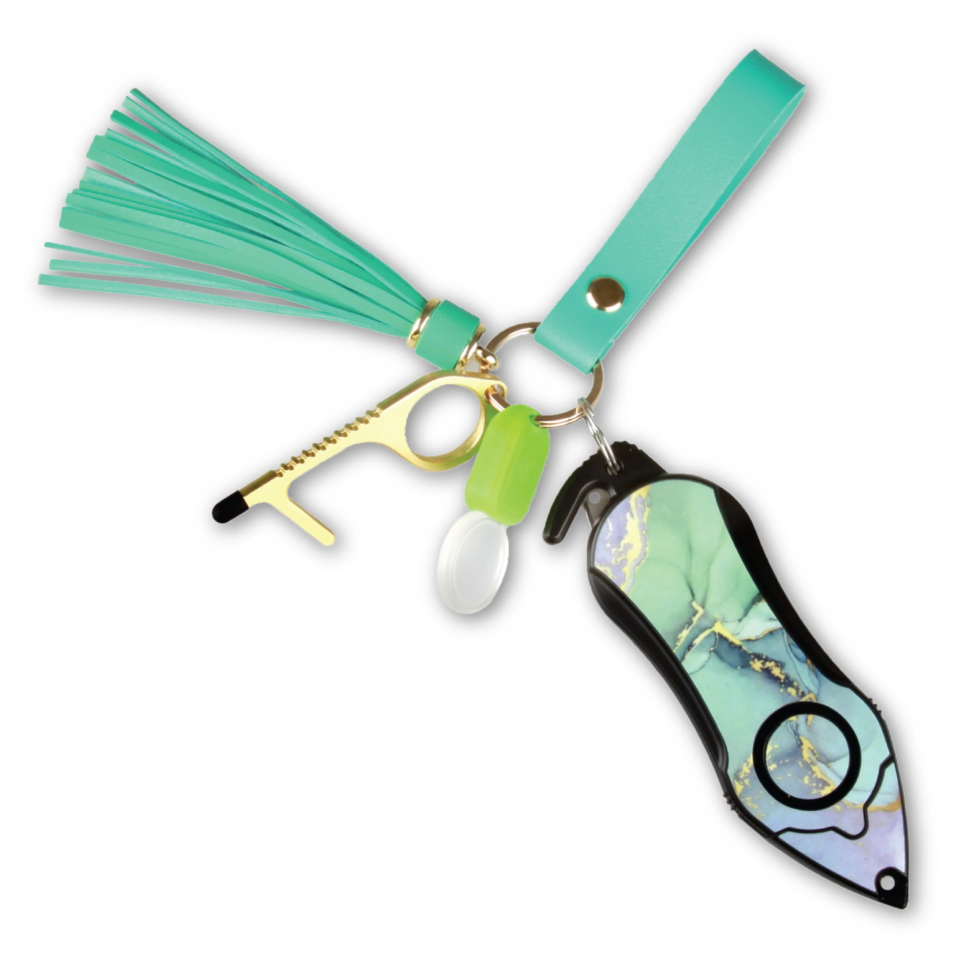 Personal Alarm Keychain Set: Safety Panic Alarm Siren, Seatbelt Cutter, Car Window Breaker, Wristlet Keychain, Contactless Key Tool, Pocket Flashlight (Green Marble) - Image 2