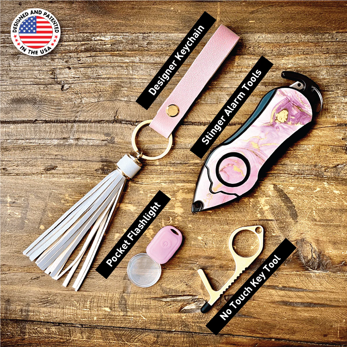 Personal Alarm Keychain Set: Safety Panic Alarm Siren, Seatbelt Cutter, Car Window Breaker, Wristlet Keychain, Contactless Key Tool, Pocket Flashlight (Pink Marble) - Image 19
