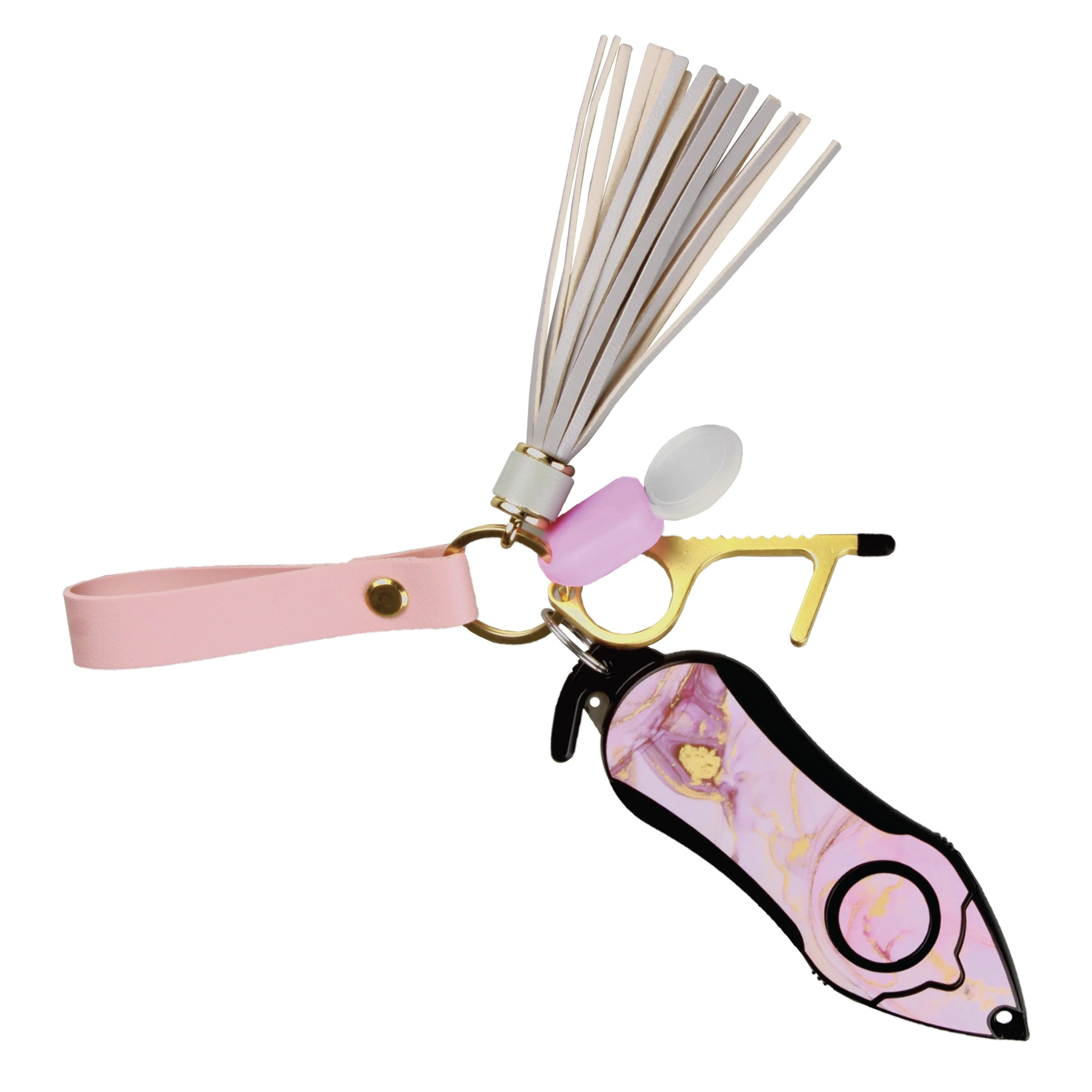 Personal Alarm Keychain Set: Safety Panic Alarm Siren, Seatbelt Cutter, Car Window Breaker, Wristlet Keychain, Contactless Key Tool, Pocket Flashlight (Pink Marble) - Image 2