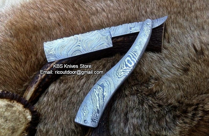 Premium Antique Razor with Damascus Steel Blade and Damascus Steel Scales Handle - Includes Leather Case - Available Exclusively at KBS Knives Store - Image 4