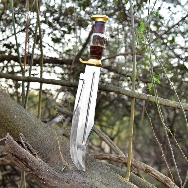 Premium D2 Steel Bowie Knife - 16" Overall, 11" Blade, Antler Horn Handle, Stacked Leather & Brass Guards - Image 2