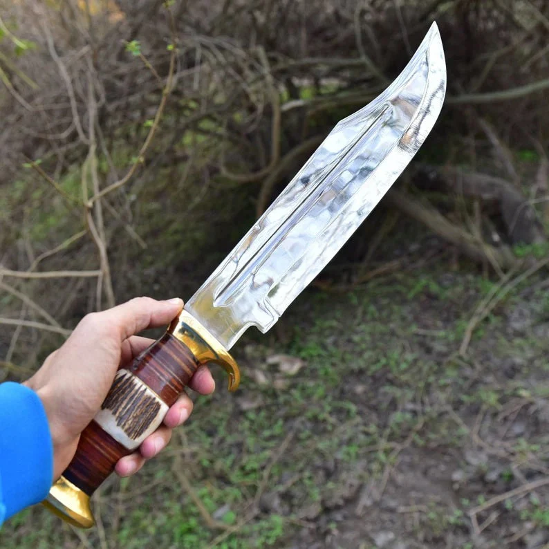 Premium D2 Steel Bowie Knife - 16" Overall, 11" Blade, Antler Horn Handle, Stacked Leather & Brass Guards - Image 3