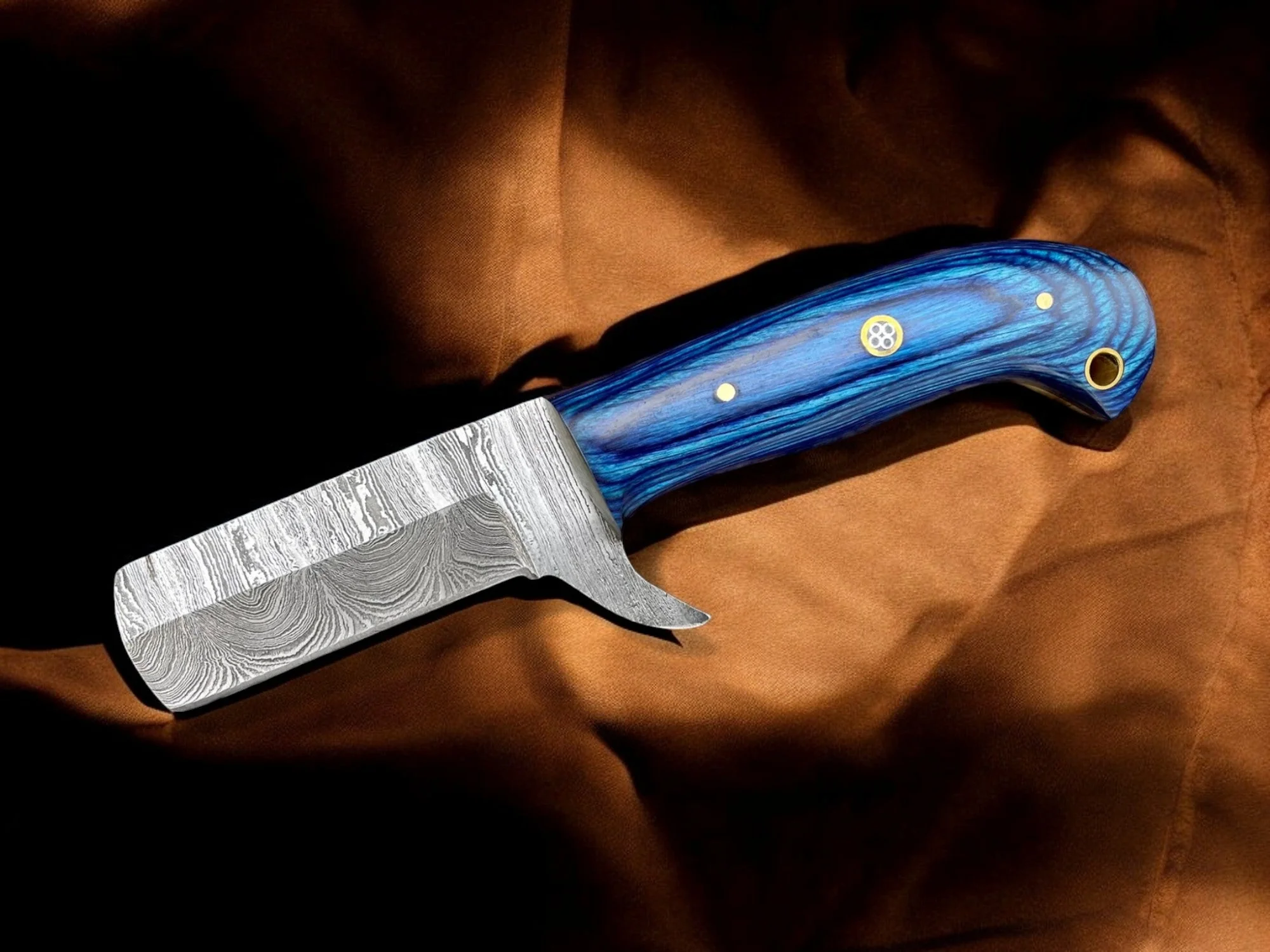 Premium Damascus Bull Cutter Knife - 7" Hand Forged Steel with Exotic Blue Wood Handle - Image 2
