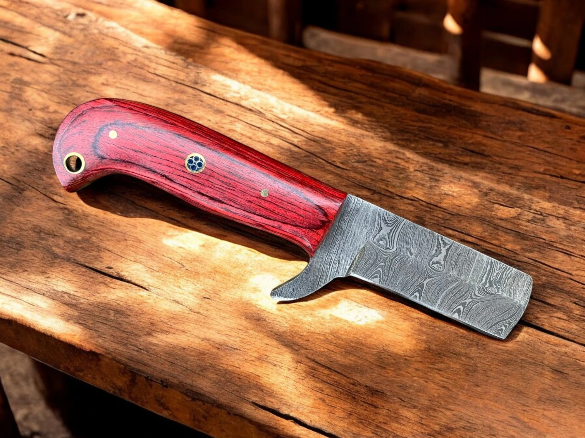 Premium Damascus Steel Bull Cutter Knife - 7" Exotic Redwood Handle with Western Sheath - Image 3