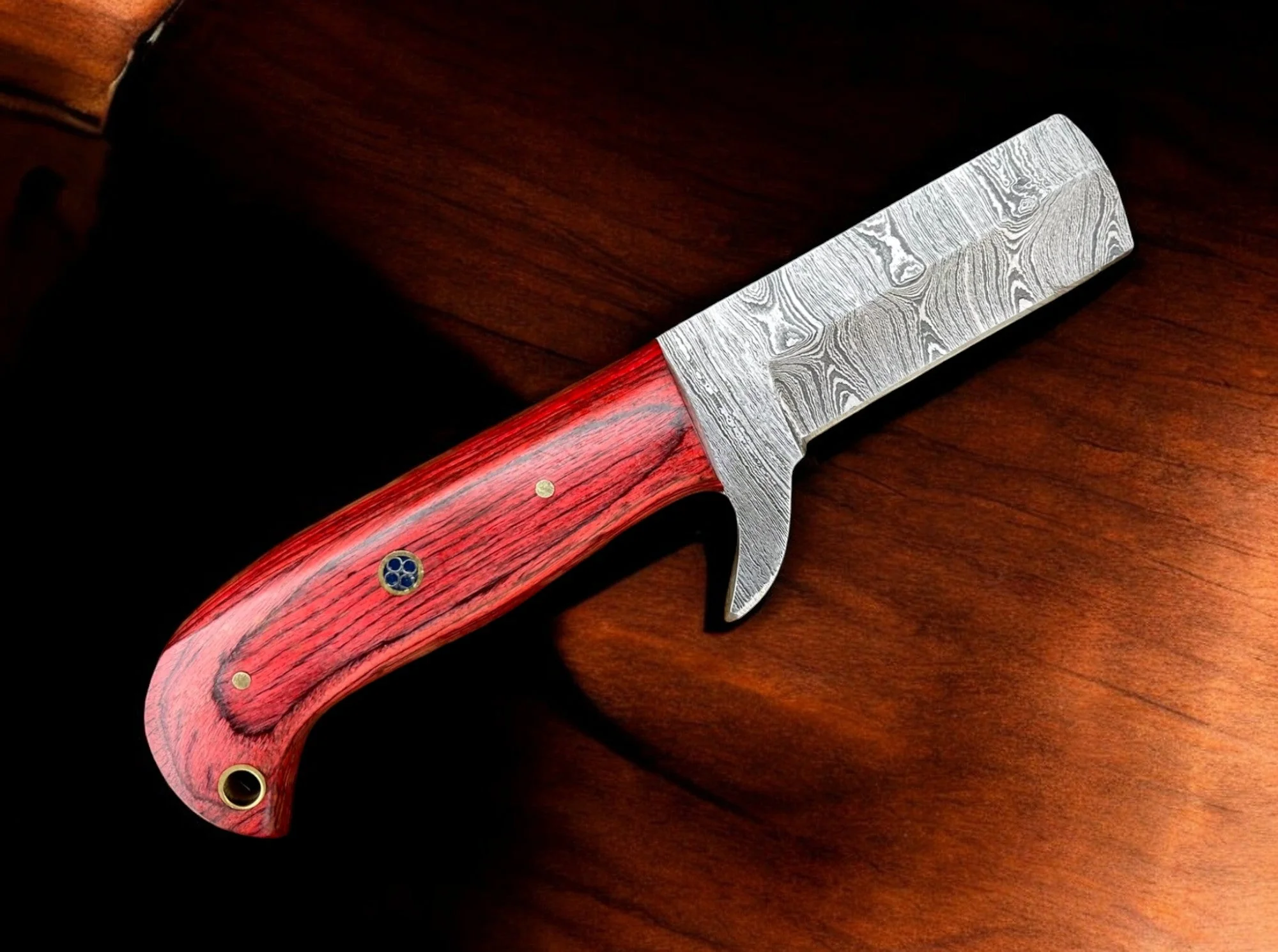 Premium Damascus Steel Bull Cutter Knife - 7" Exotic Redwood Handle with Western Sheath - Image 4