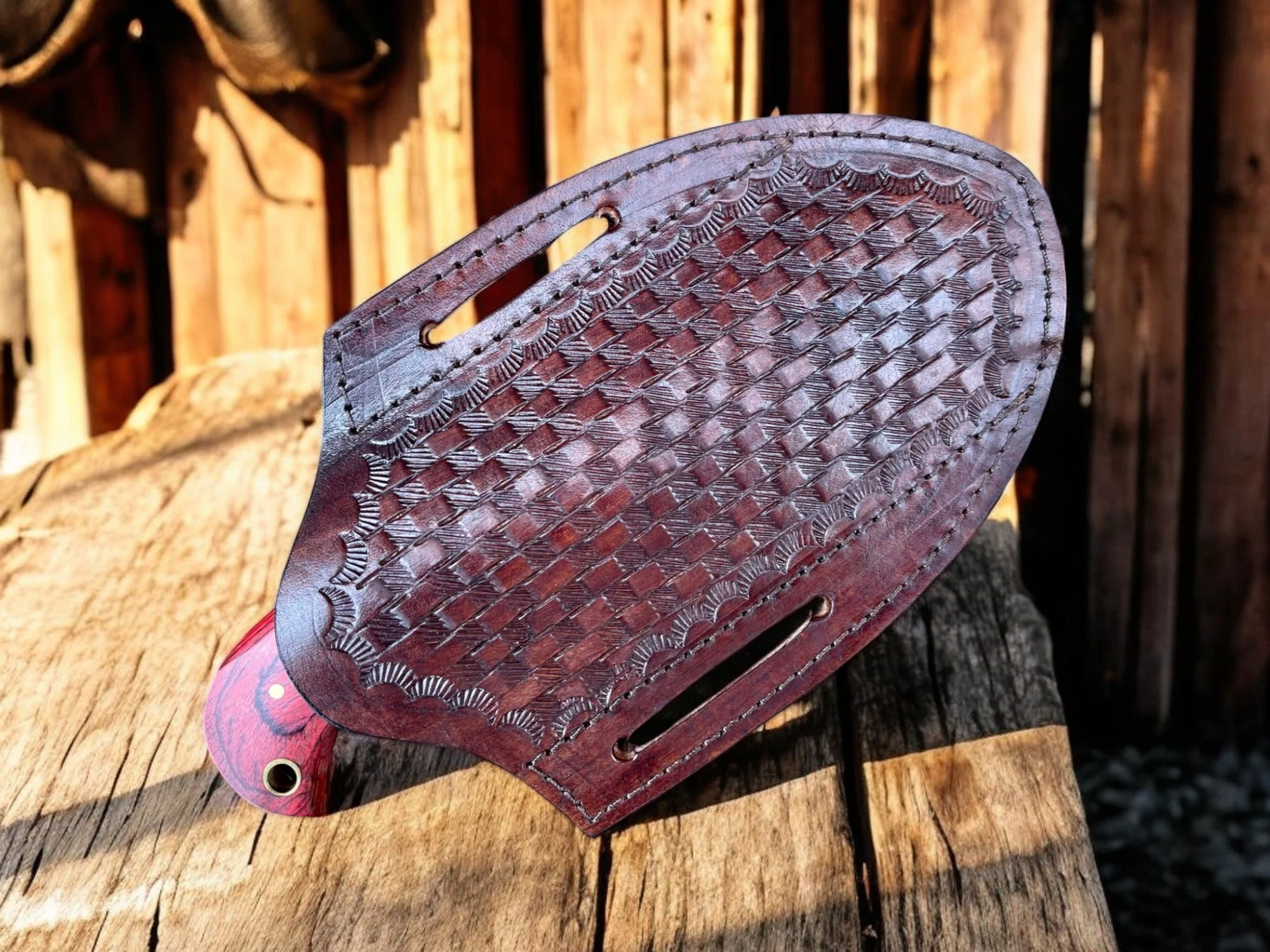 Premium Damascus Steel Bull Cutter Knife - 7" Exotic Redwood Handle with Western Sheath - Image 5