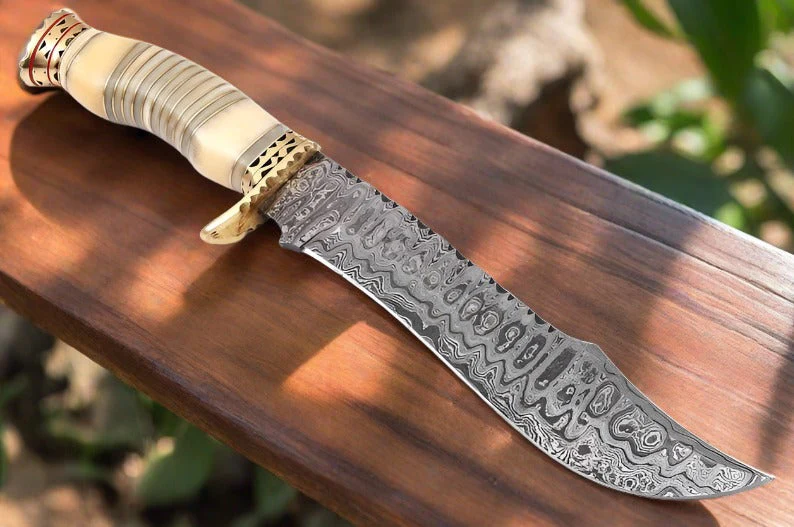 Premium Modern Bowie Knife - Damascus Steel Blade with Handmade Bone Handle and Brass Guard - Image 2