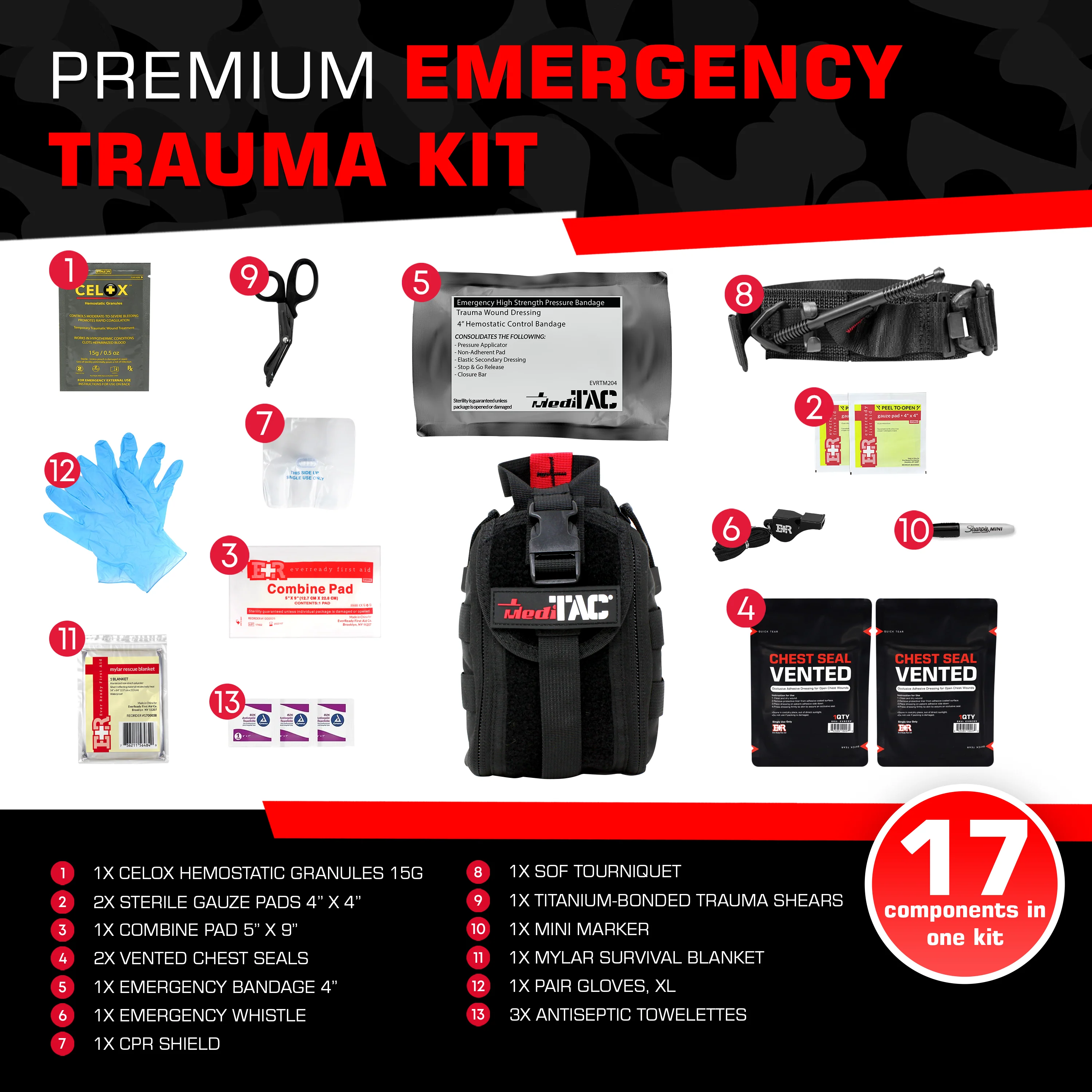 Premium Tactical IFAK Kit w Rip-Away Velcro, SOF Tourniquet & CELOX - Image 4