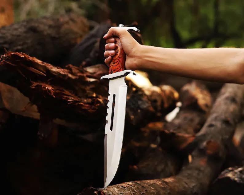 Professional Rambo Bowie Knife - 12" D2 Steel with Exotic Red Wood Handle & Steel Guards - Image 2