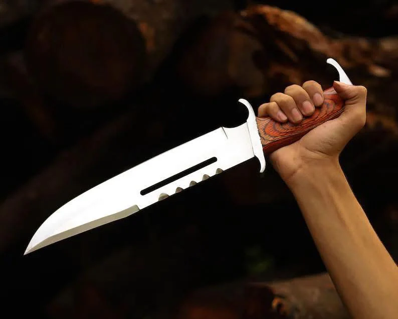 Professional Rambo Bowie Knife - 12" D2 Steel with Exotic Red Wood Handle & Steel Guards - Image 5