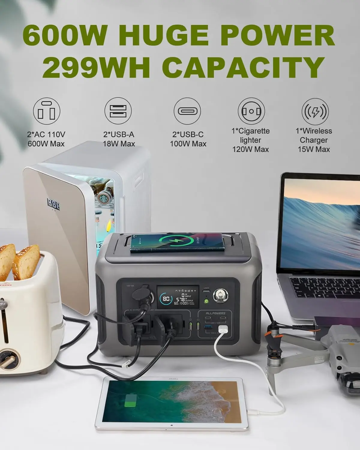 R600 Portable Power Station 299Wh LiFePO4 Battery 2x600W AC Outlets 1200W Surge - Image 3
