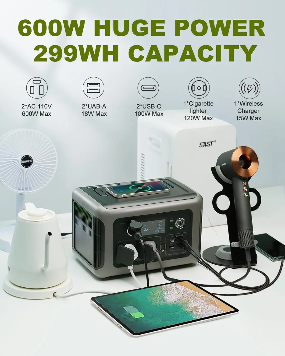 R600 Portable Power Station 299Wh LiFePO4 Battery 2x600W AC Outlets 1200W Surge - Image 5