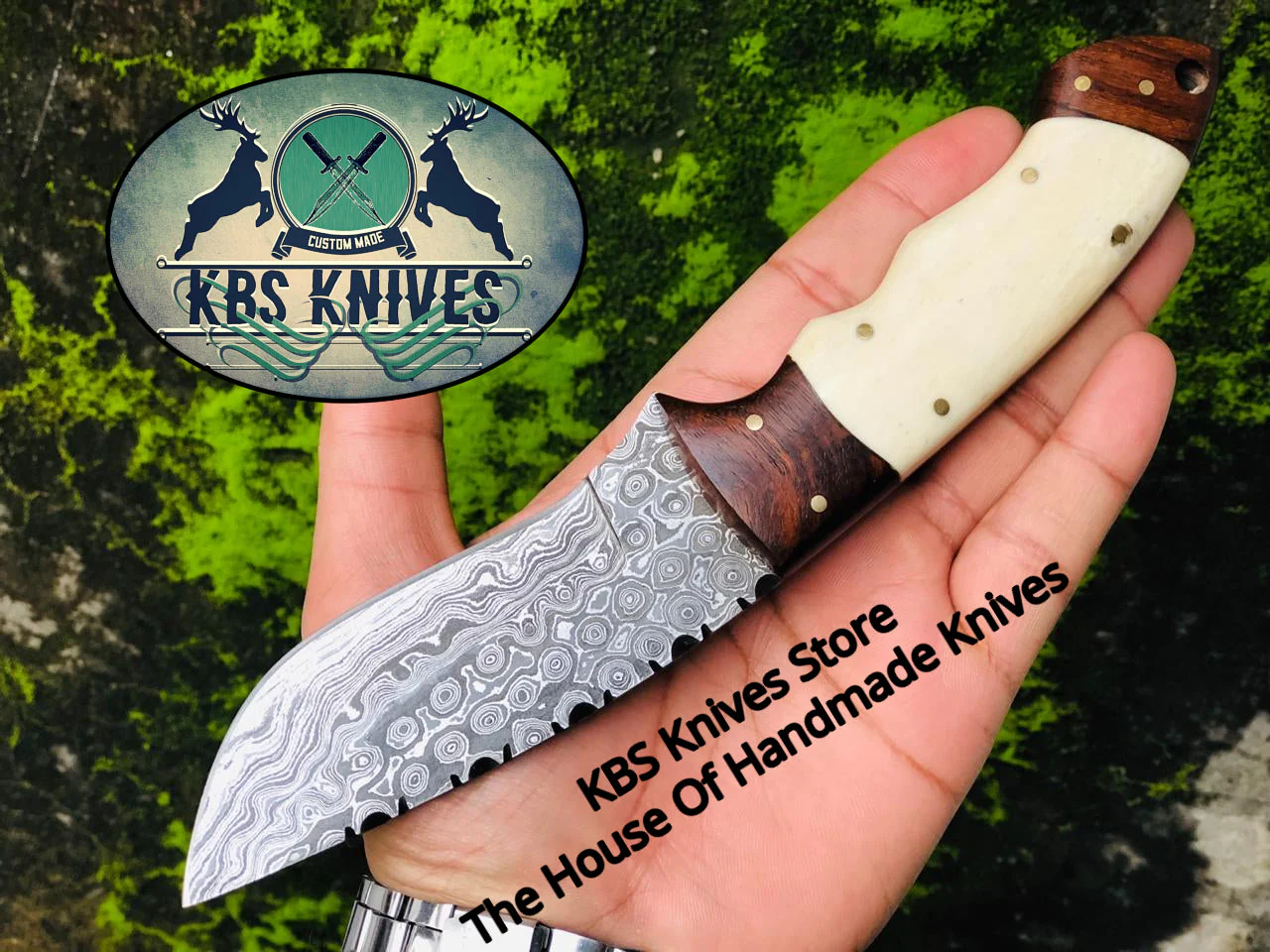 Raindrops Damascus Steel Skinning Knife - Rosewood Handle with Bone - 9 Inches - KBS Knives Store - Image 3