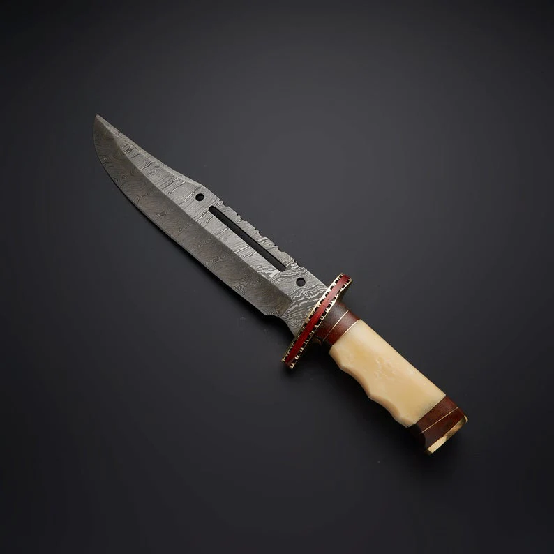 Rambo First Blood Knife - Custom Handmade Damascus Bowie with Rose Wood and Bone Handle - Image 2