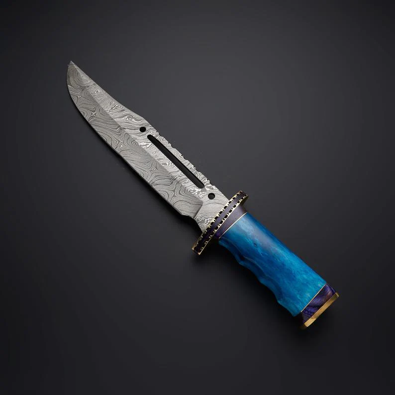 Rambo First Blood Knife - Custom Handmade Damascus Steel Bowie with Colored Bone Handle and Leather Sheath - Image 2