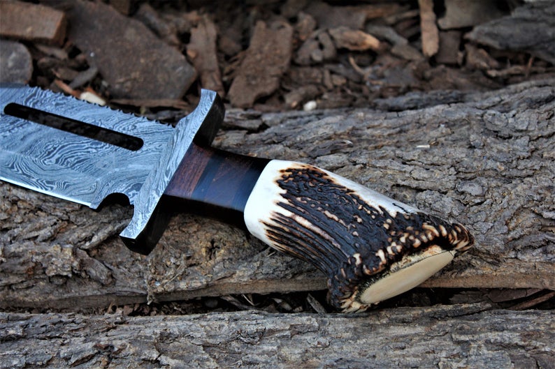 Rambo Knife for Sale - Custom Handmade Damascus Bowie with Rose Wood & Antler Horn - Image 2