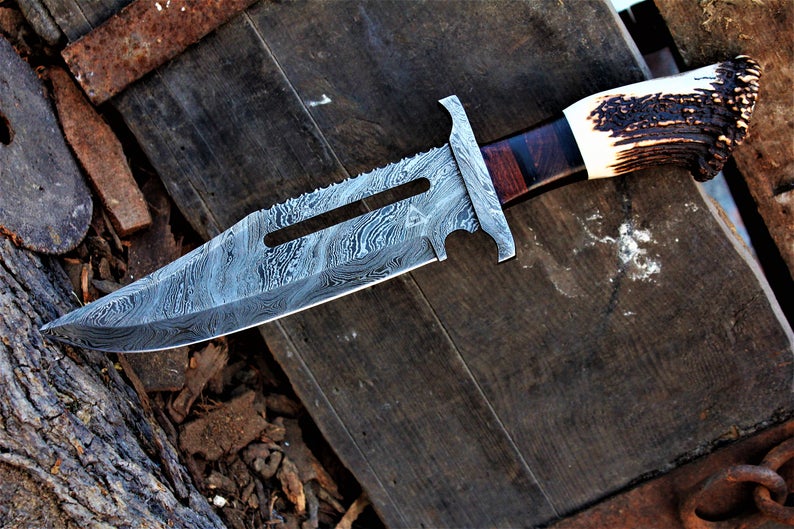 Rambo Knife for Sale - Custom Handmade Damascus Bowie with Rose Wood & Antler Horn - Image 3