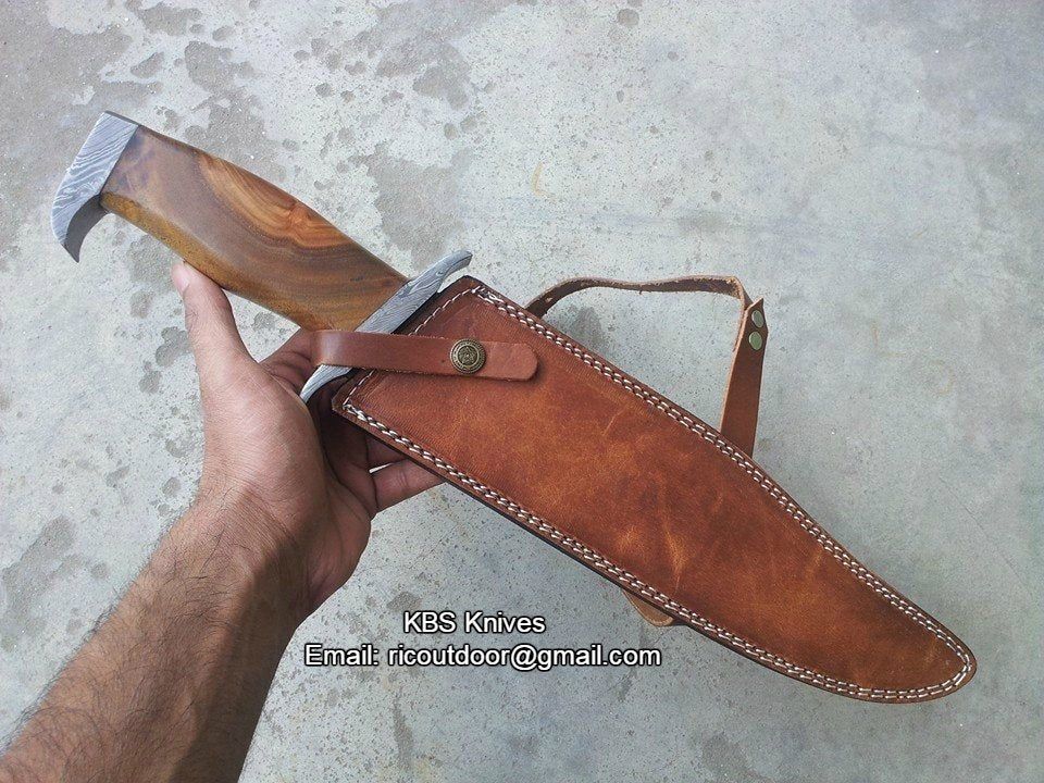Rambo Knife – Handmade 17" Damascus Steel Blade with Blood Groove & Rosewood Handle - Image 4