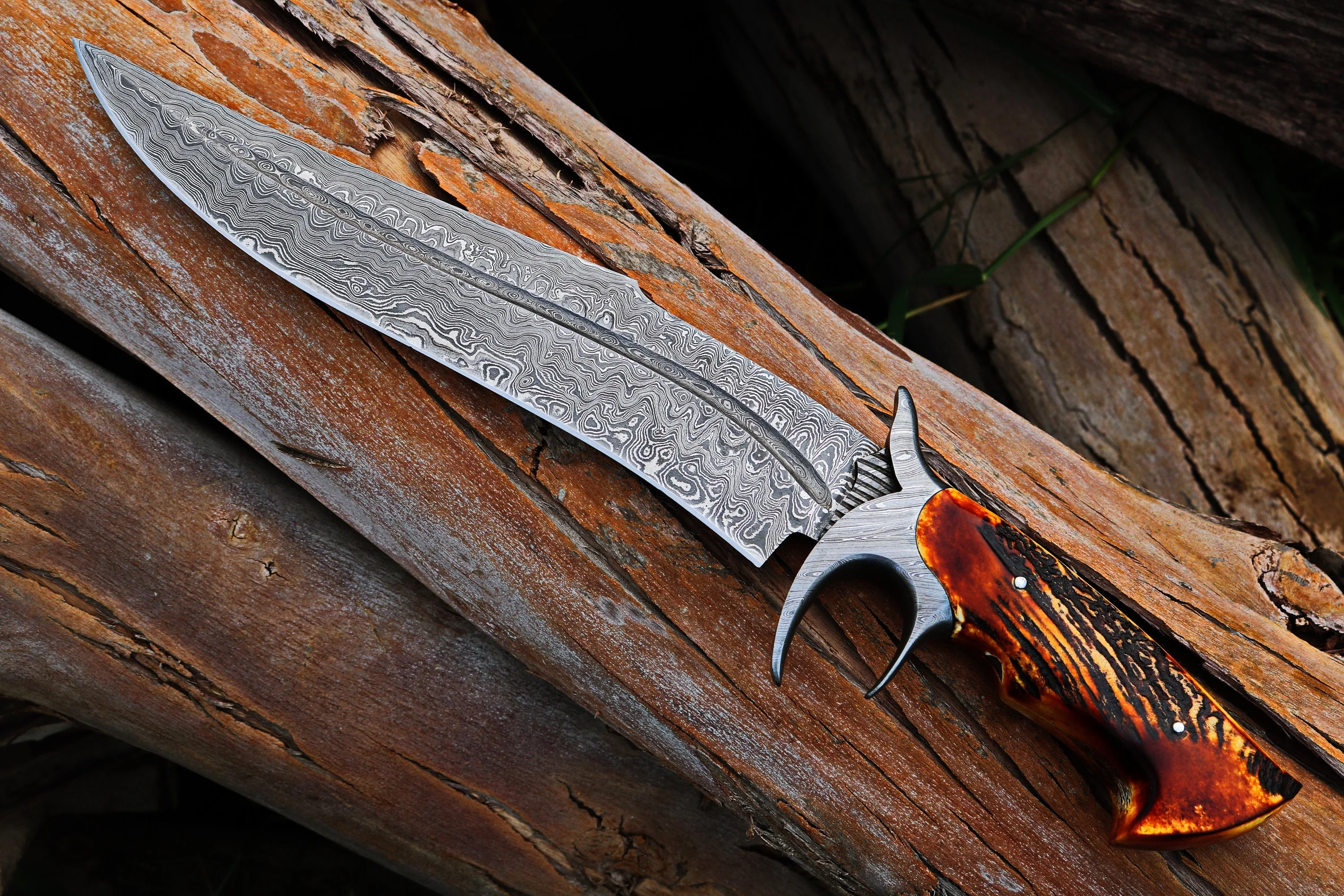 RED DRAGON SLAYER Bowie Knife with Leather Sheath for Sale – Custom Handmade Full Tang Damascus Steel Blade, Antler Horn Handle & Damascus Finger Guard | 16-Inch Hunting Knife – KBS Knives - Image 3
