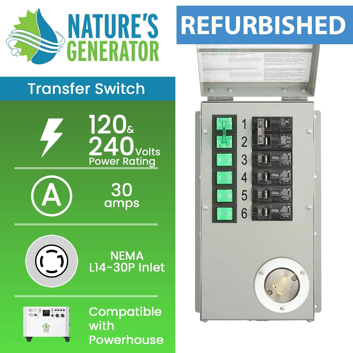 Refurbished - Nature's Generator 120V/240V 30A 6-Circuit Manual Transfer Switch - Image 2