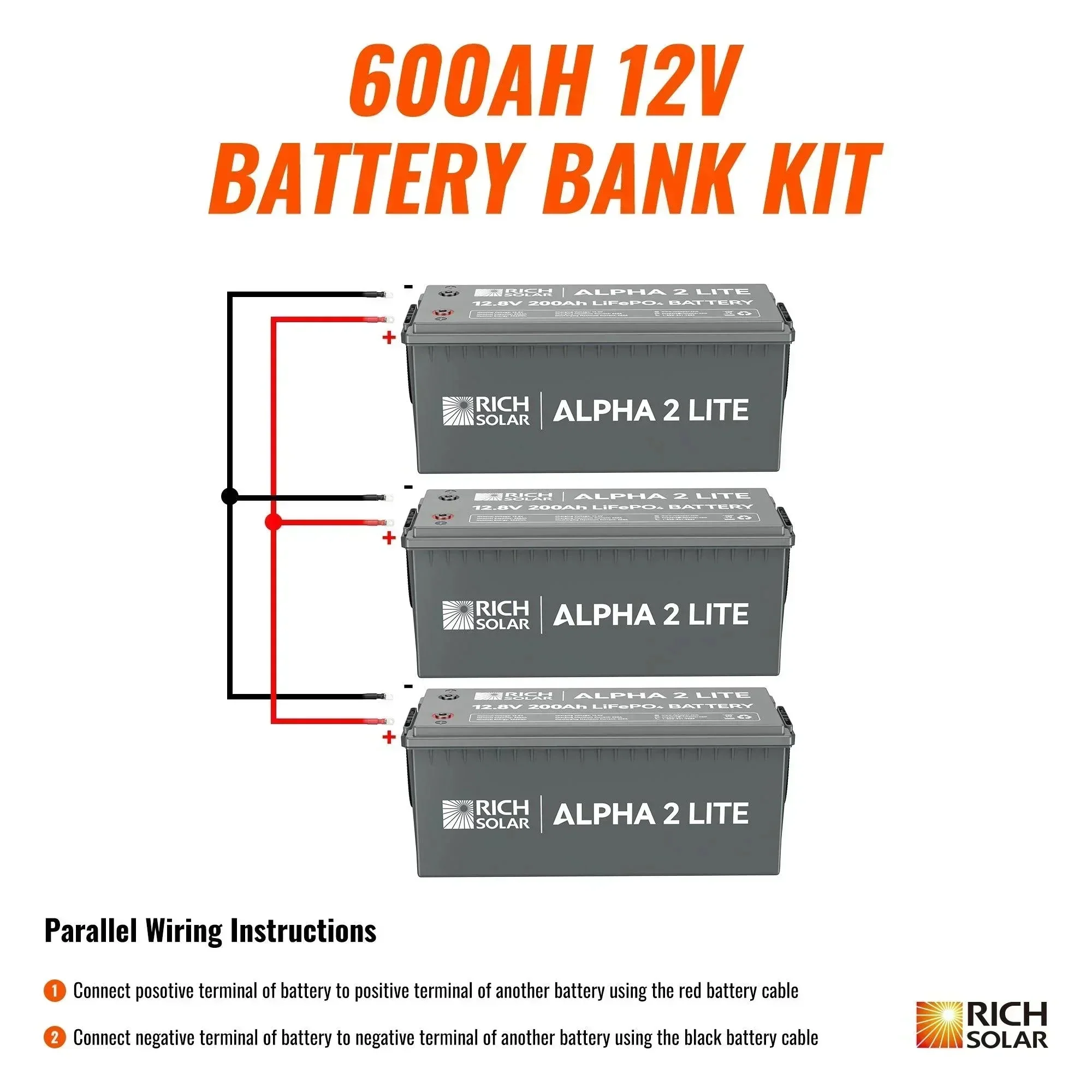 Rich Solar - 600Ah 12V LiFePO4 Off-Grid Battery Kit | 7.6kWh Deep Cycle Lithium Battery Bank | 3 X ALPHA 2 LITE in Parallel - Image 2