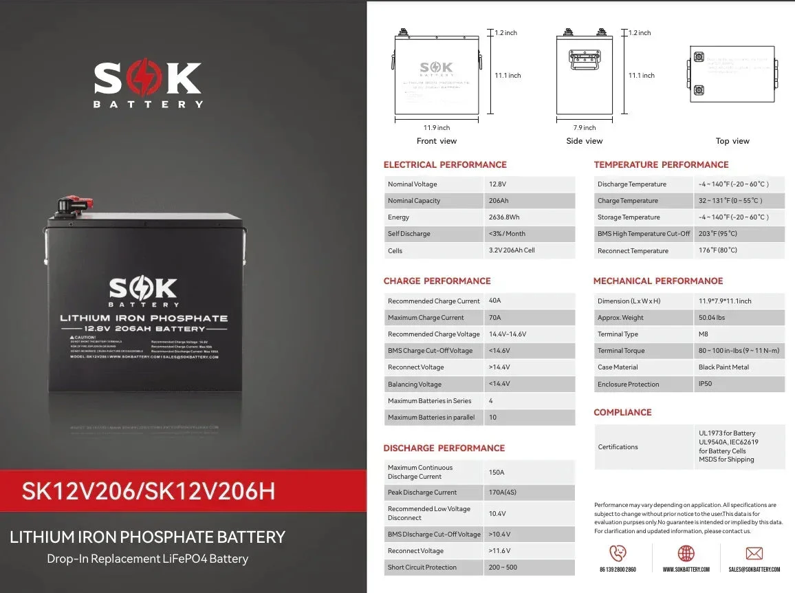 SOK Battery 12V [206Ah-H] 12V LiFePO4 Bluetooth & Optional Built-in heater | SK12V206H & SK12V206P - Image 6