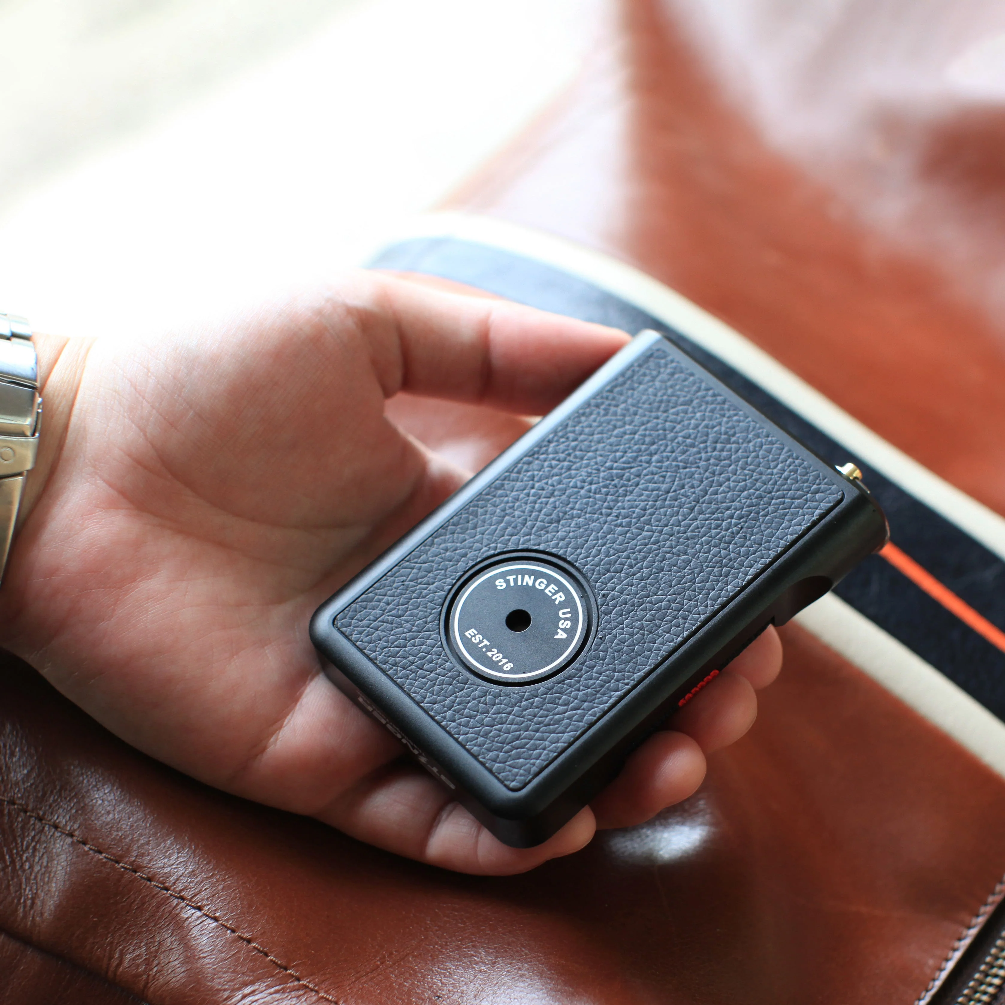 Stinger Aluminum Minimalist Wallet, Card Holder, Safety Wallet with Personal Alarm ( Leather Black ) - Image 2
