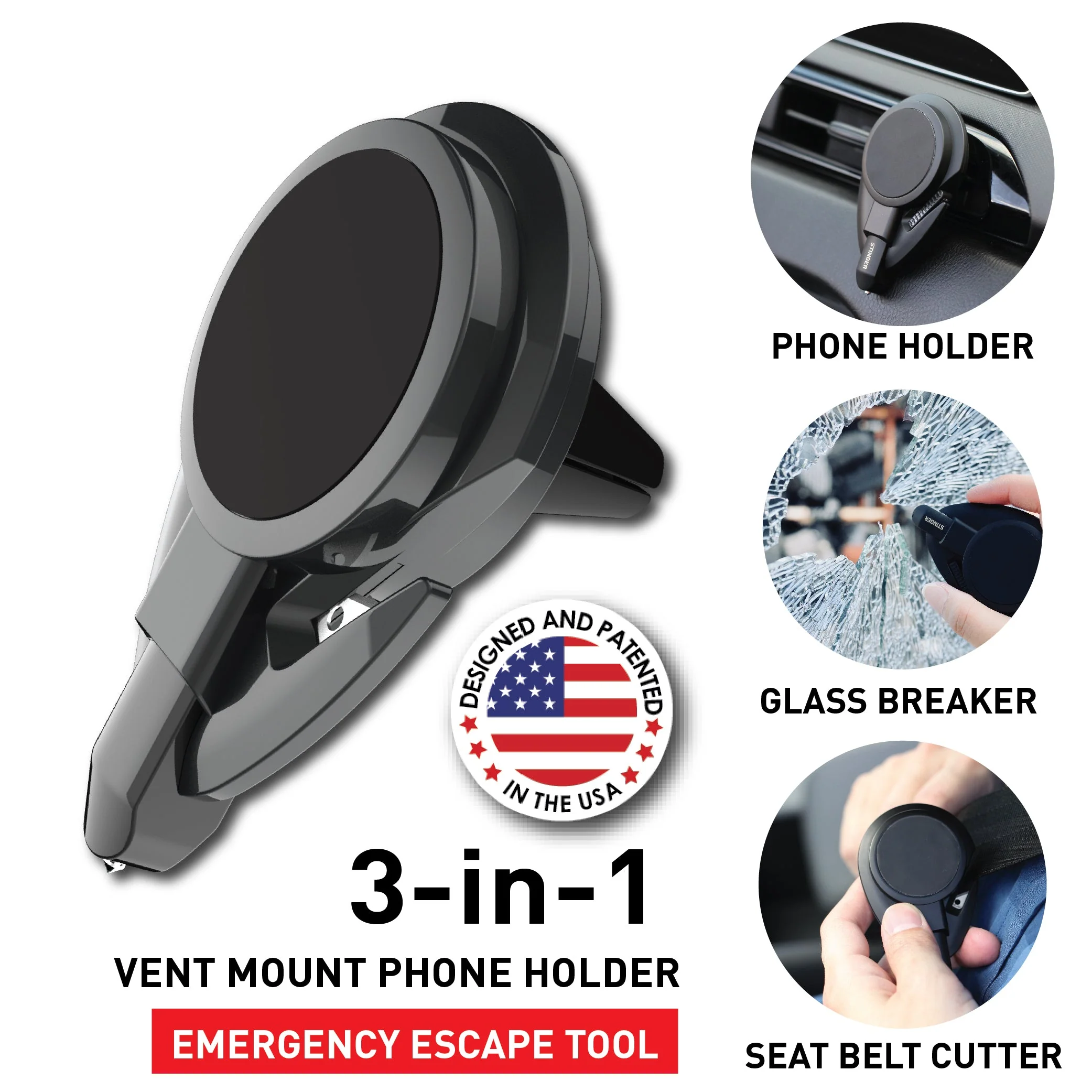 Stinger Car Vent Mount Magnetic Phone Holder Emergency Tool (Black) - Image 2