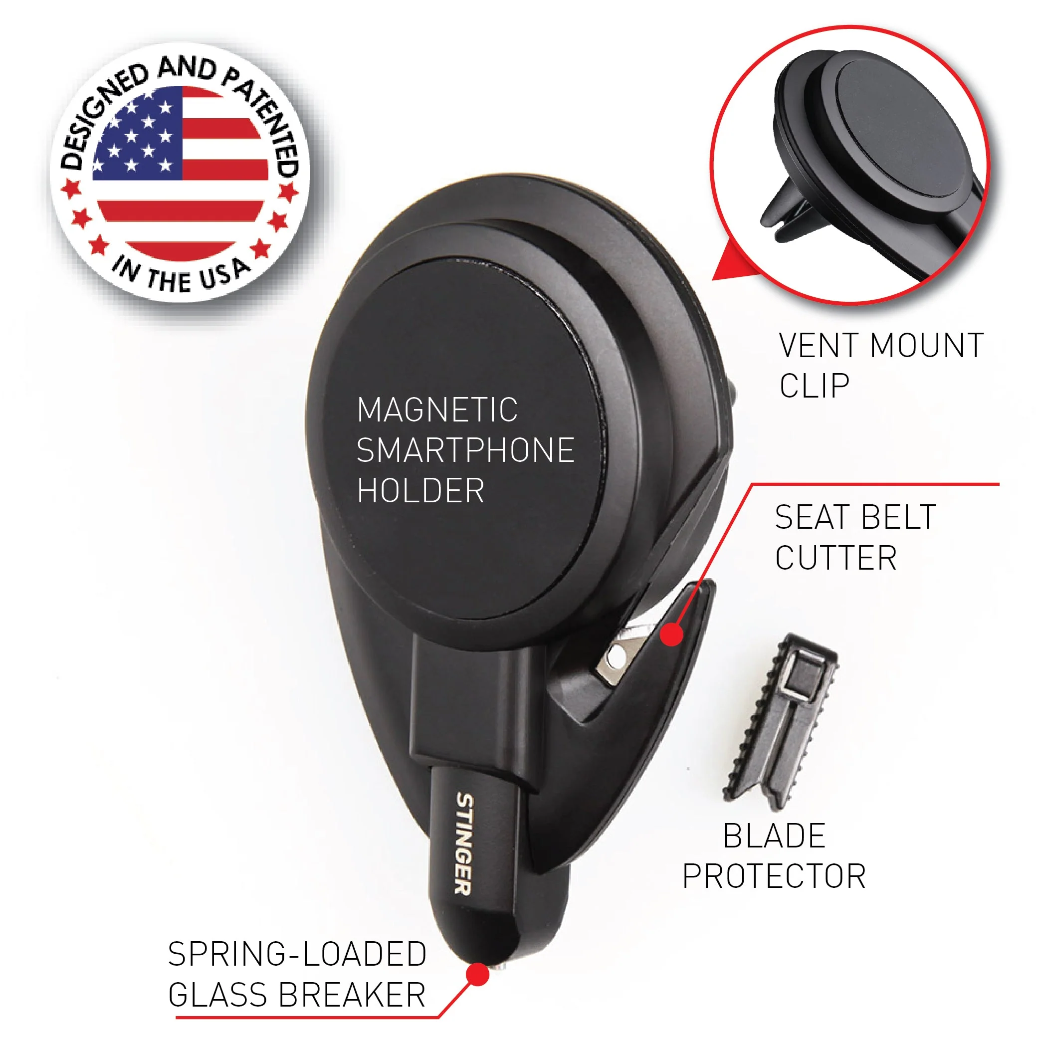Stinger Car Vent Mount Magnetic Phone Holder Emergency Tool (Black) - Image 6