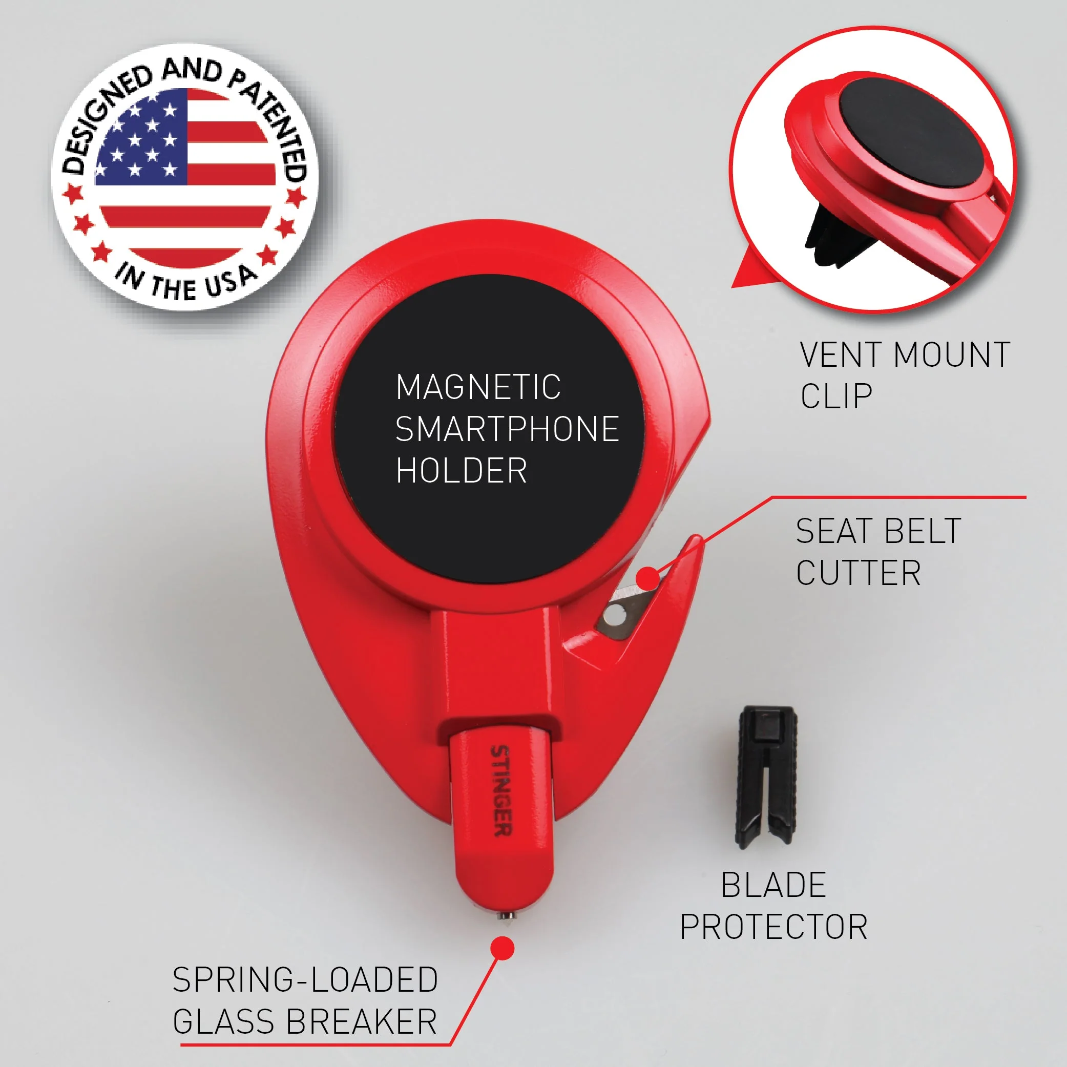 Stinger Car Vent Mount Magnetic Phone Holder Emergency Tool (Red) - Image 6