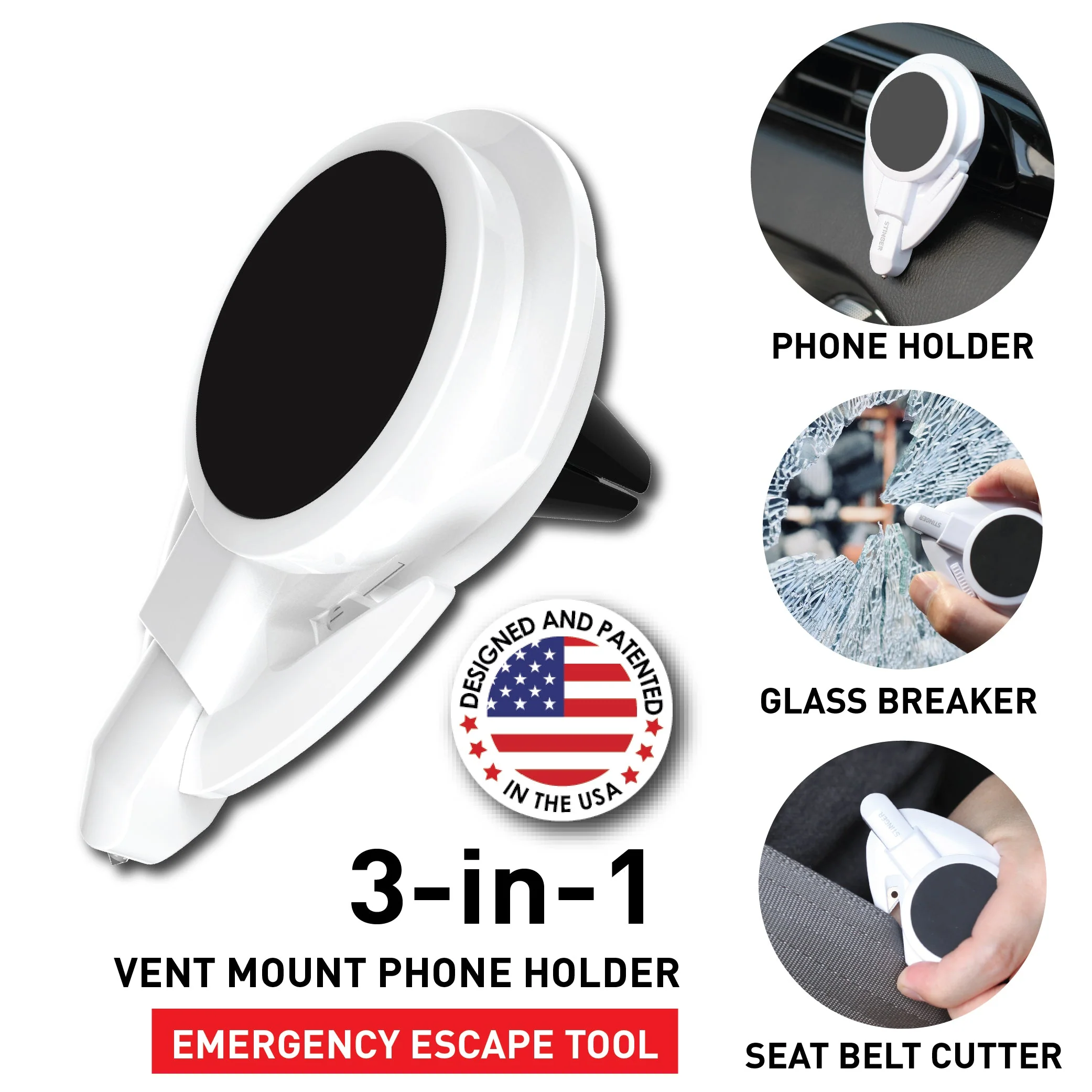 Stinger Car Vent Mount Magnetic Phone Holder Emergency Tool (White) - Image 2